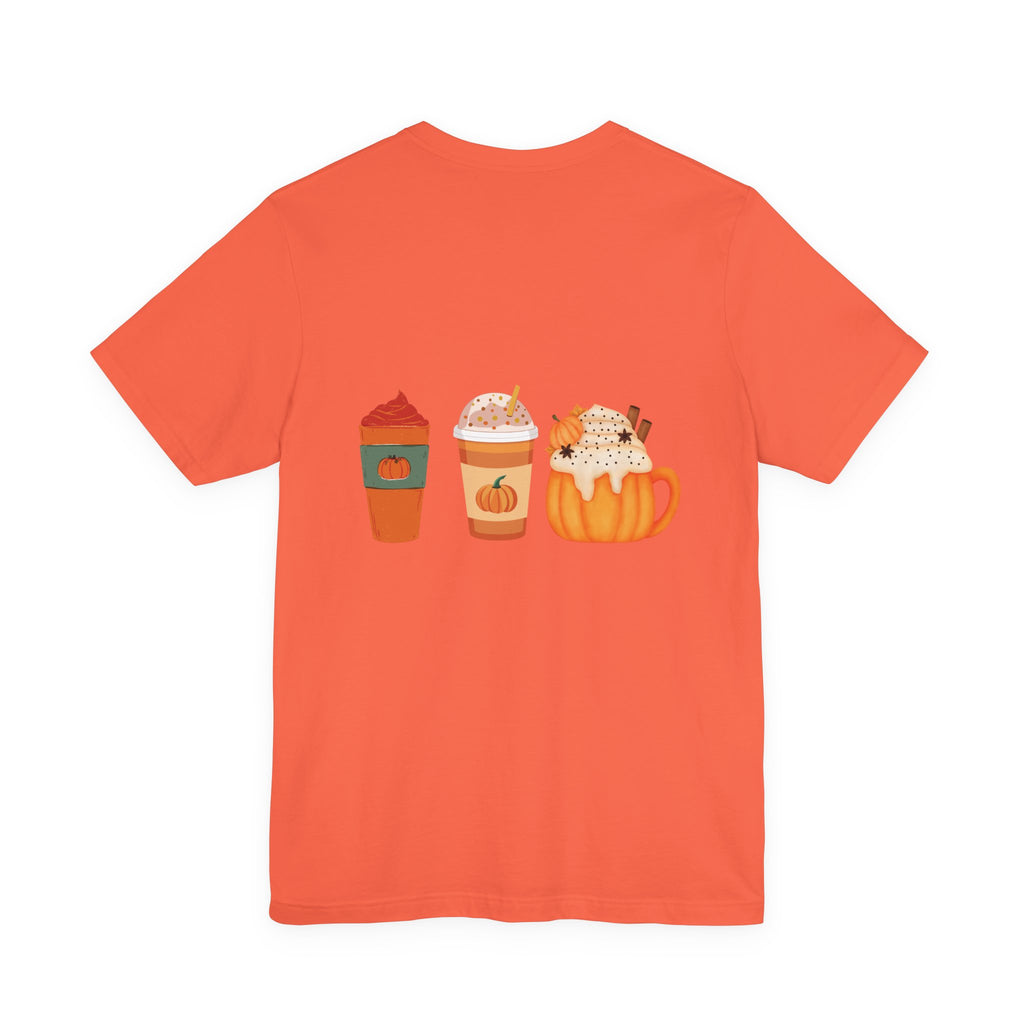 Pumpkin Spice Coffee Tee — Fall Coffee Lovers T-Shirt (Front Pumpkin Badge, Back Pumpkin Lattes)