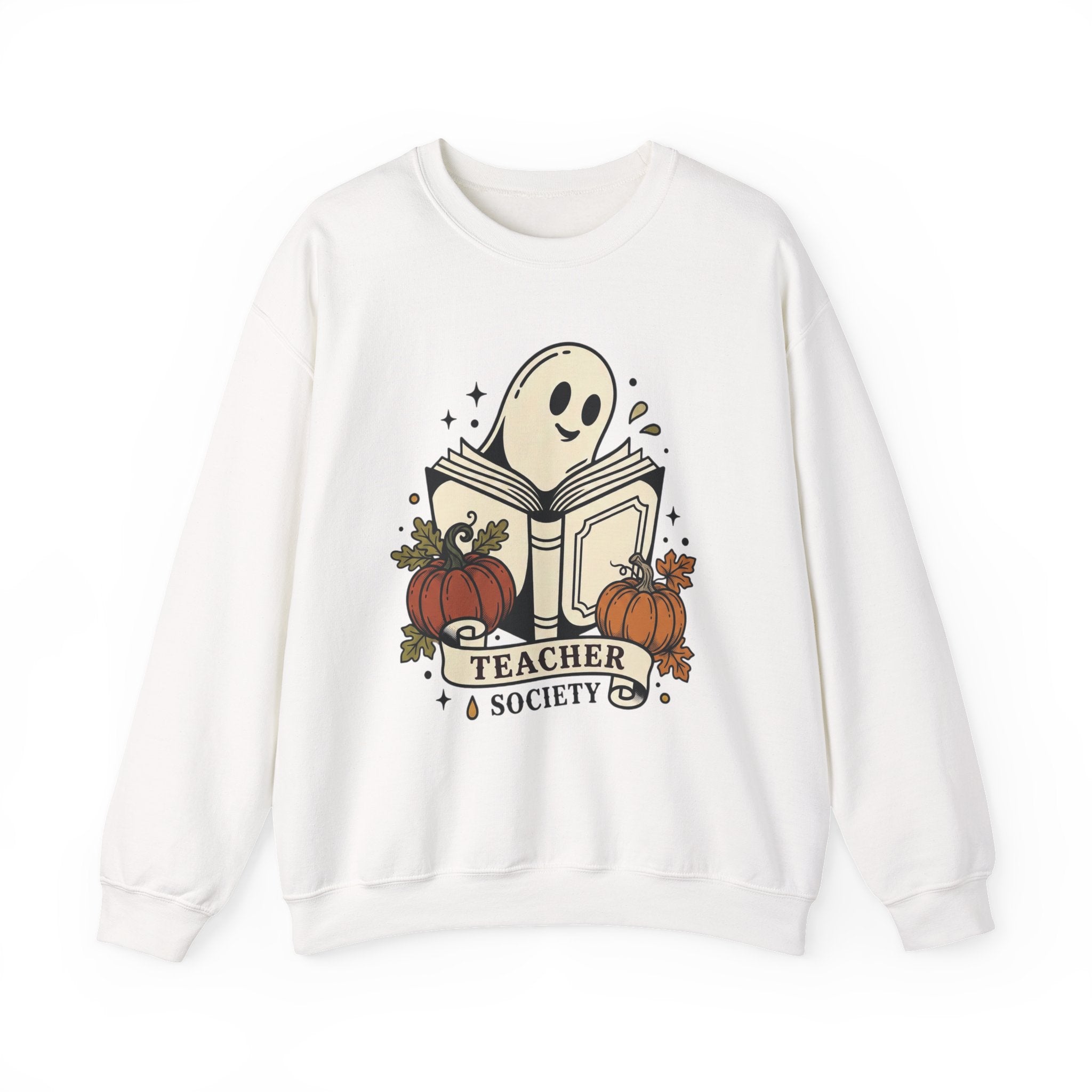 Teacher Society Ghost Book Sweatshirt | Traditional Tattoo-Inspired, Pumpkin Floral Banner