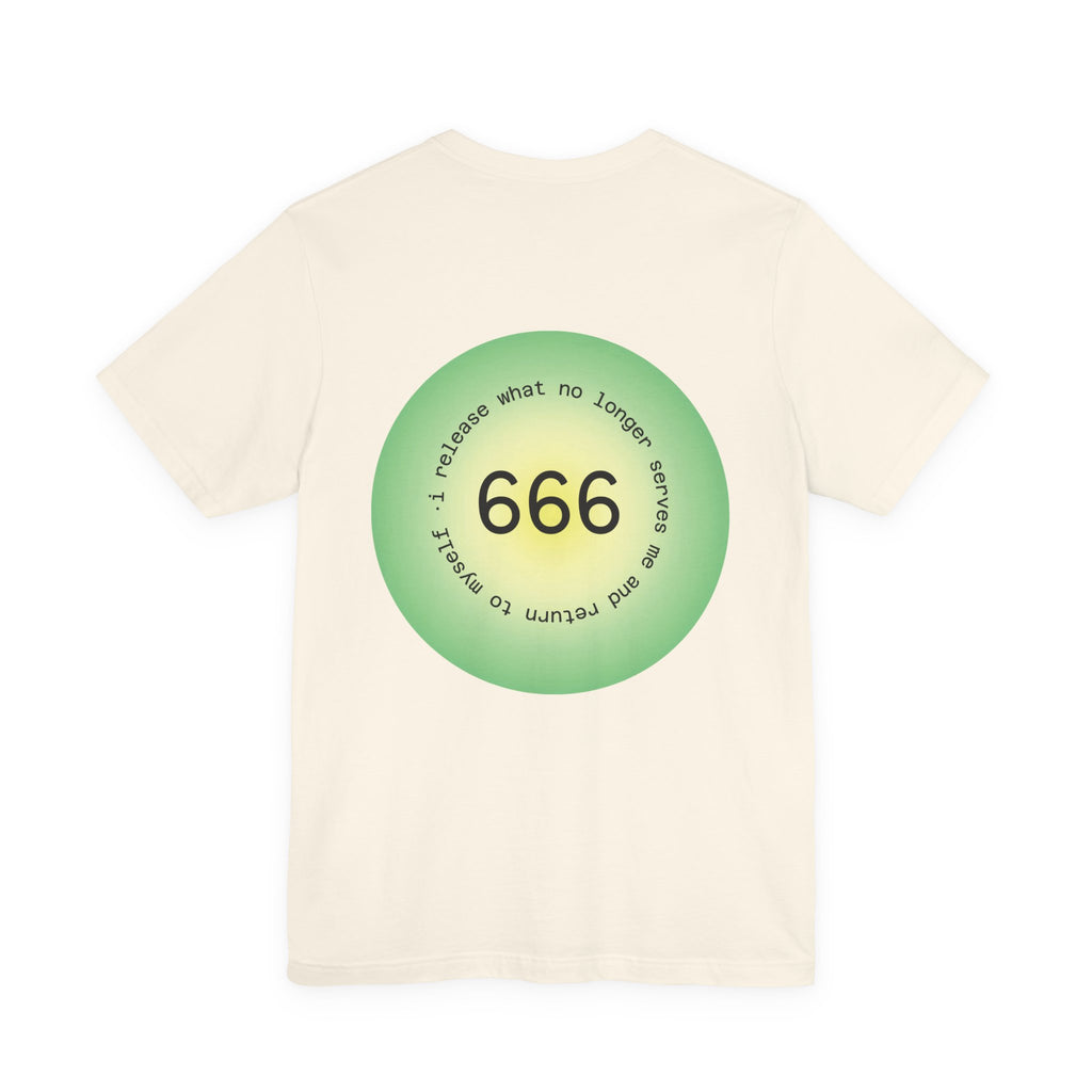 T‑Shirt — Green Circular '666' Graphic Tee with "Release what no longer serves you" Back Design