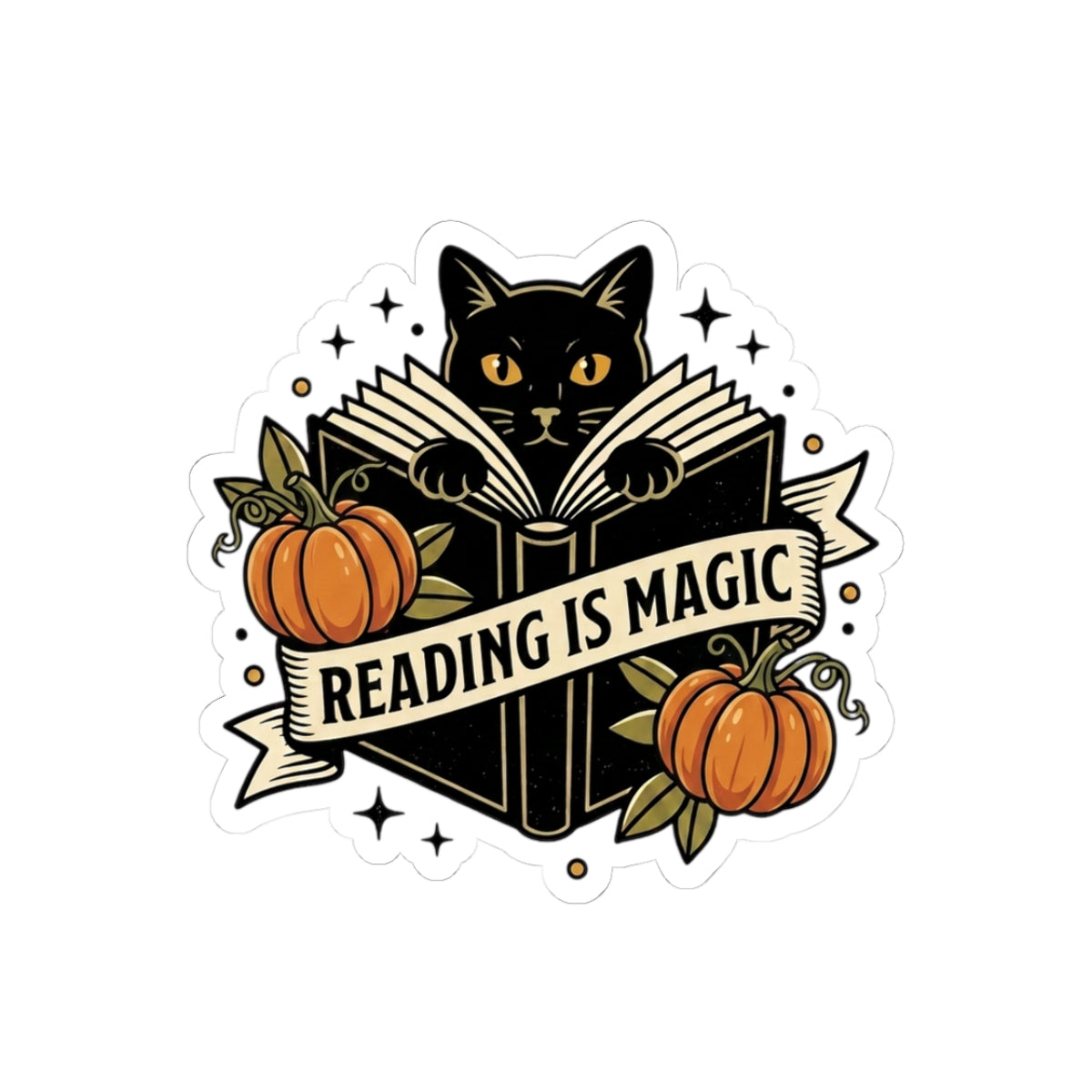 Reading Is Magic Sticker | Traditional Tattoo Cat, Pumpkin, Banner