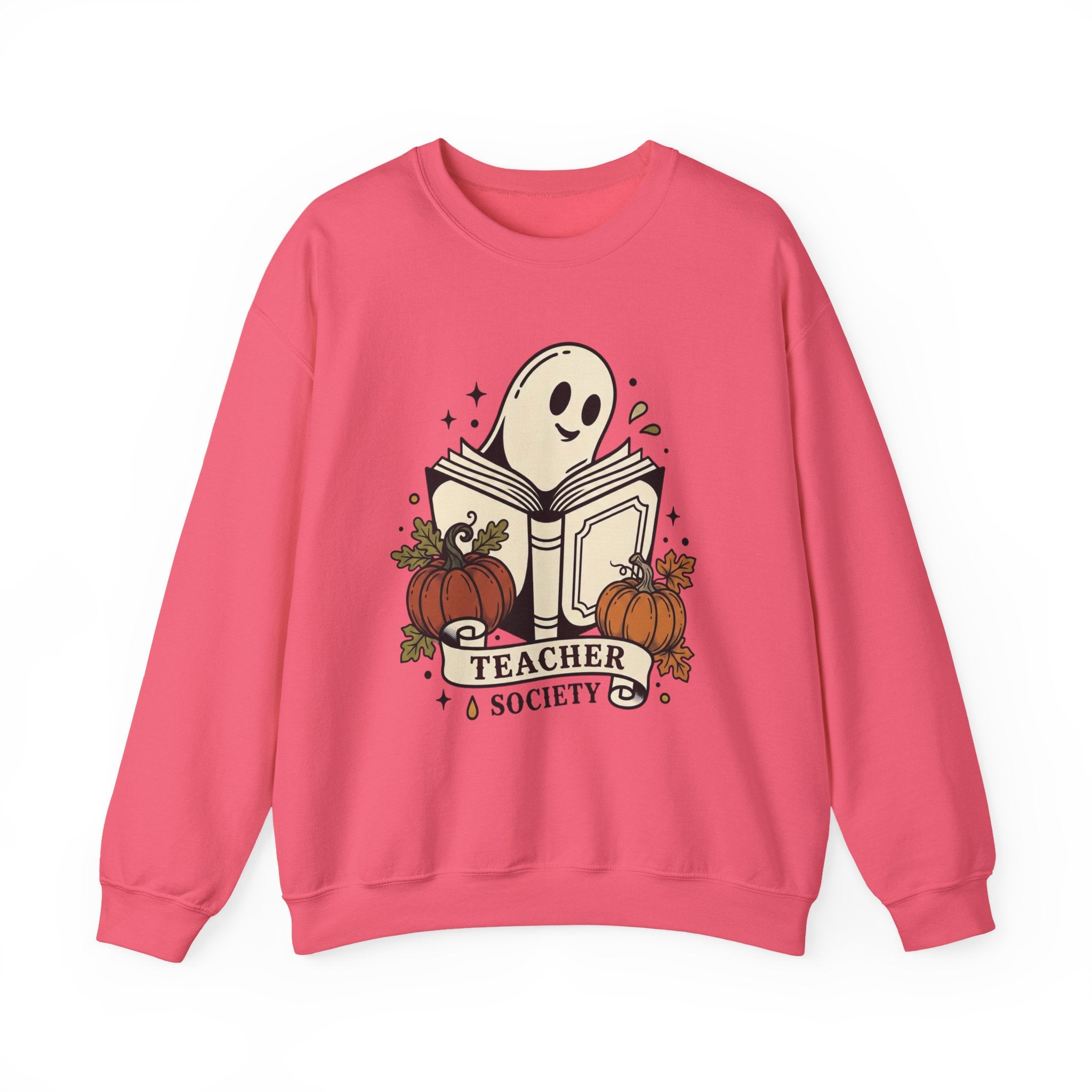 Teacher Society Ghost Book Sweatshirt | Traditional Tattoo-Inspired, Pumpkin Floral Banner
