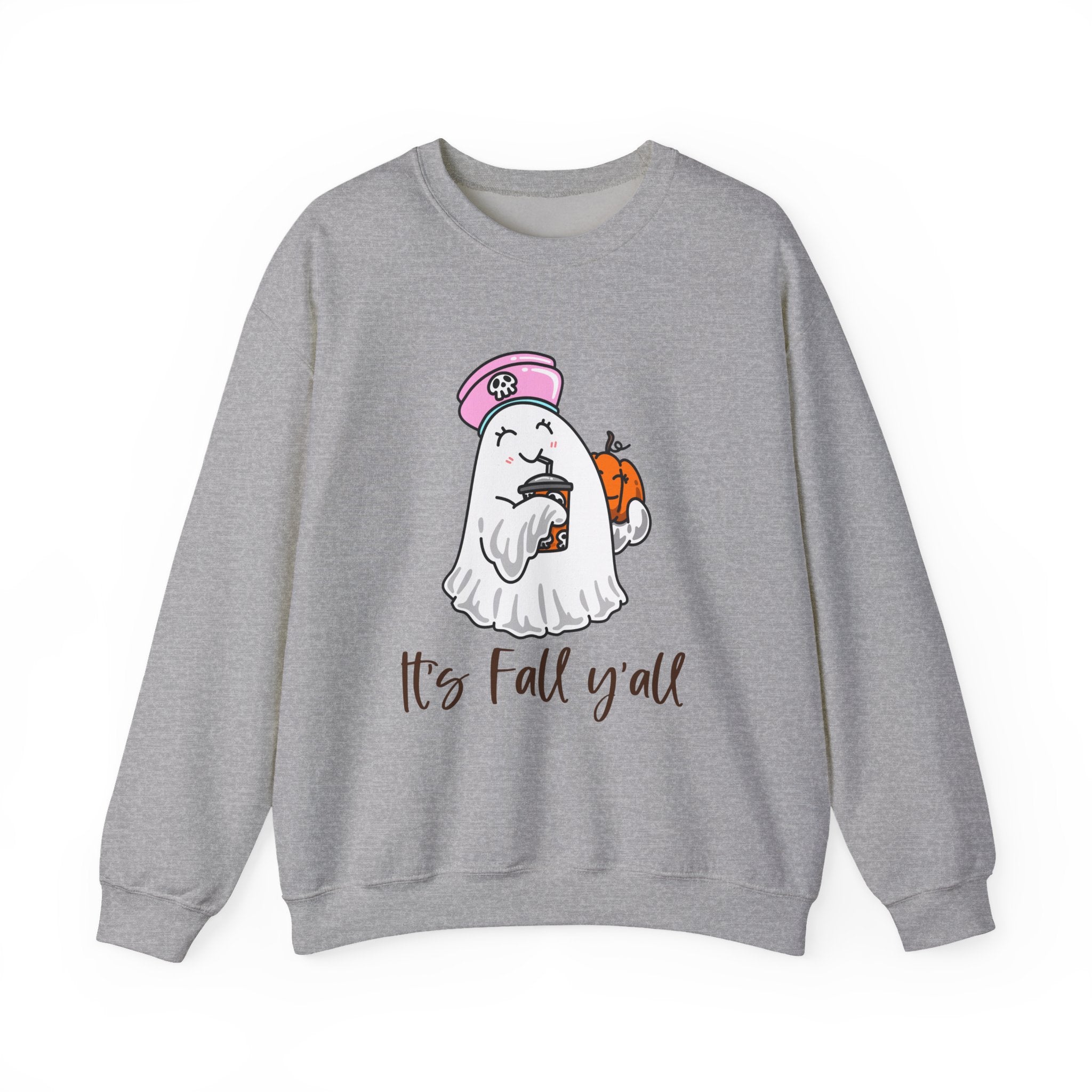 Crewneck Sweatshirt — Cute Ghost Holding Pumpkin with 'It's Fall y'all' — Cozy Autumn Pullover