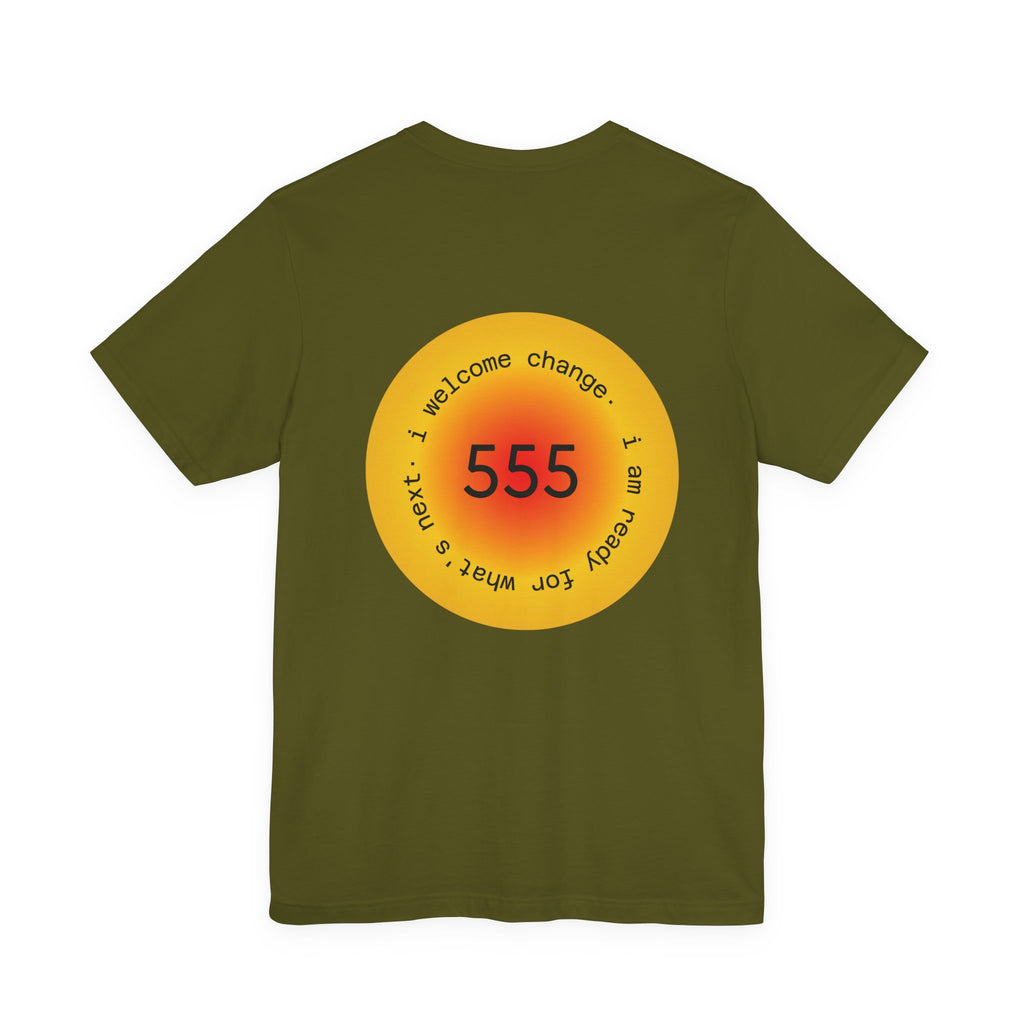 555 Angel Number T‑Shirt — Spiritual Numerology Tee with ‘I welcome change’ Design