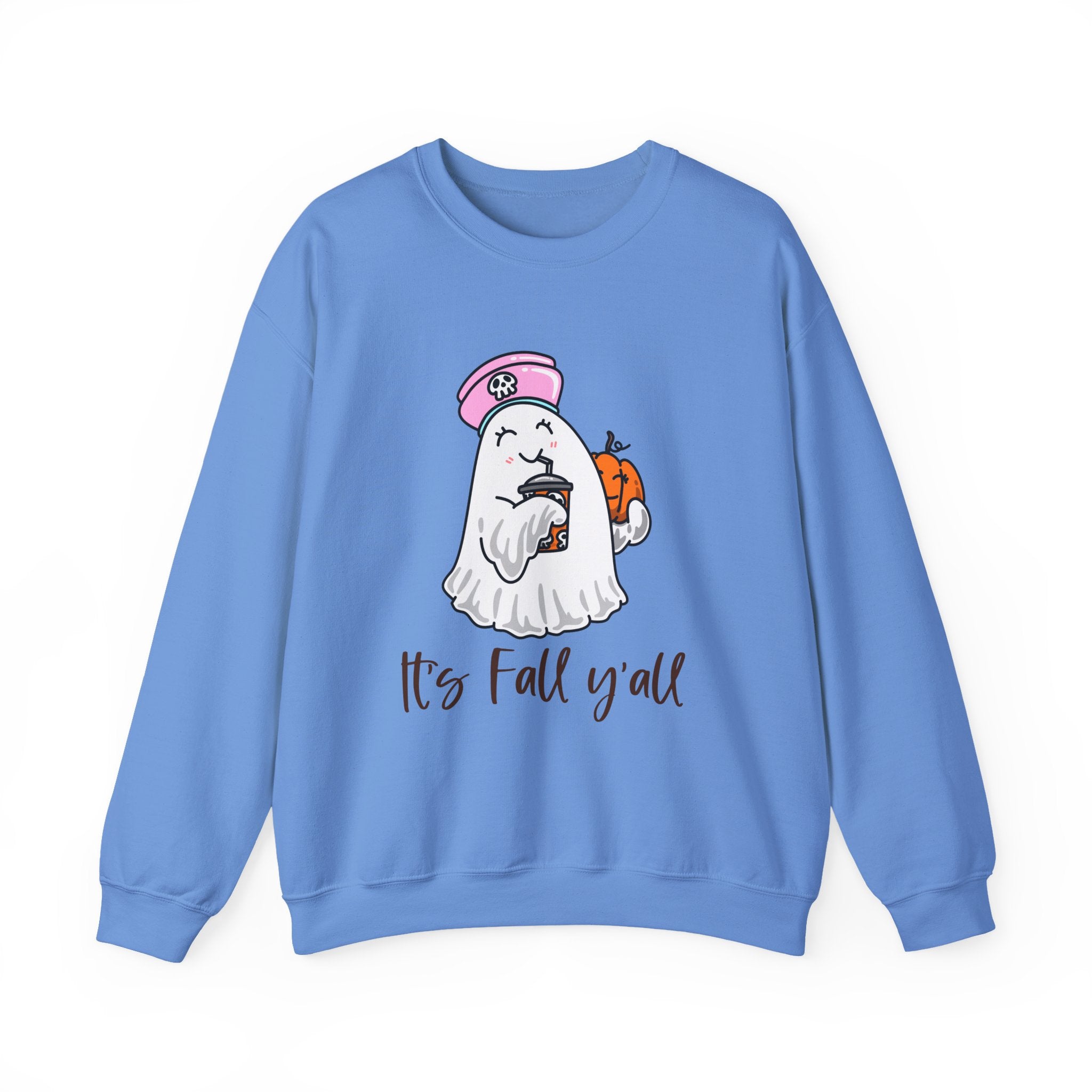 Crewneck Sweatshirt — Cute Ghost Holding Pumpkin with 'It's Fall y'all' — Cozy Autumn Pullover