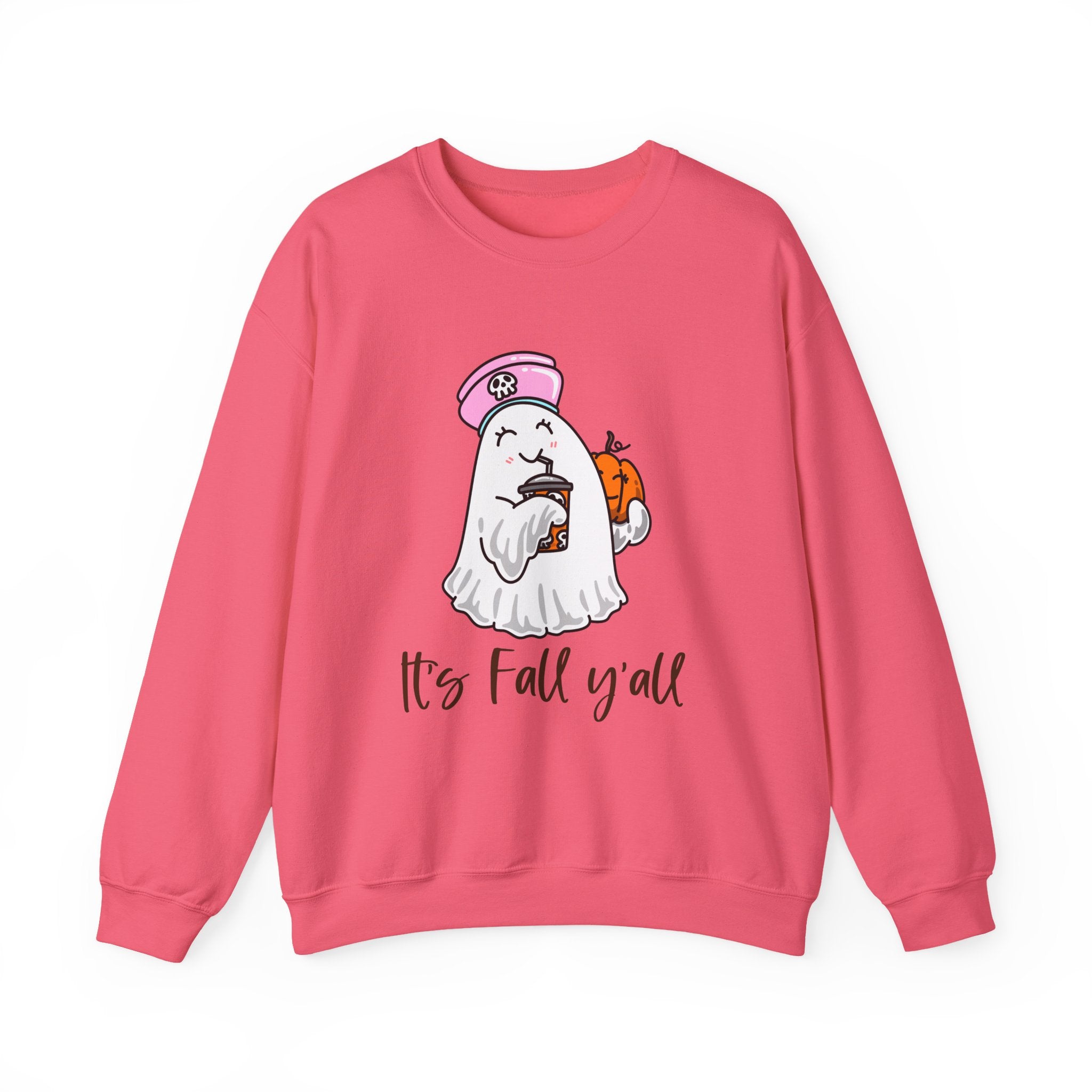 Crewneck Sweatshirt — Cute Ghost Holding Pumpkin with 'It's Fall y'all' — Cozy Autumn Pullover
