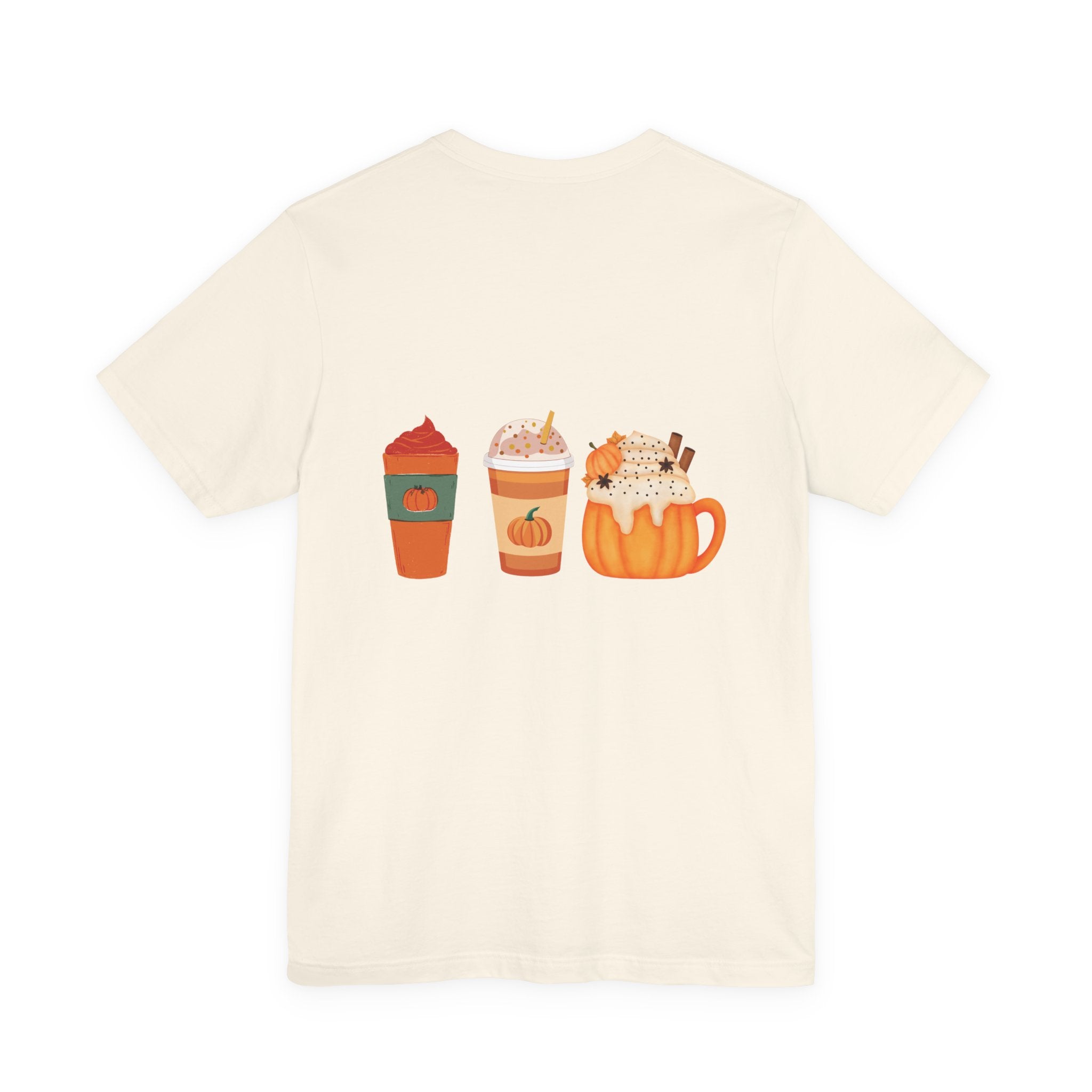 Pumpkin Spice Coffee Tee — Fall Coffee Lovers T-Shirt (Front Pumpkin Badge, Back Pumpkin Lattes)