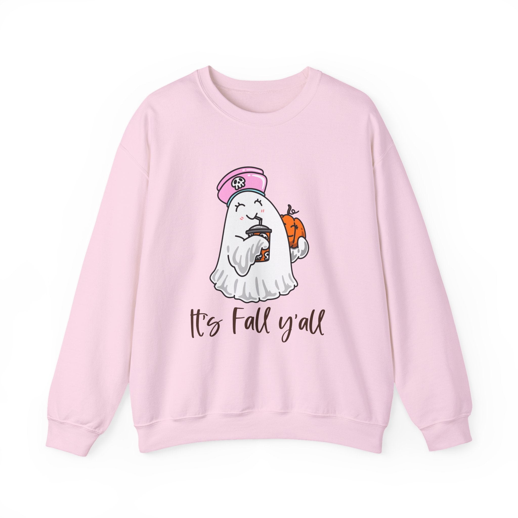 Crewneck Sweatshirt — Cute Ghost Holding Pumpkin with 'It's Fall y'all' — Cozy Autumn Pullover
