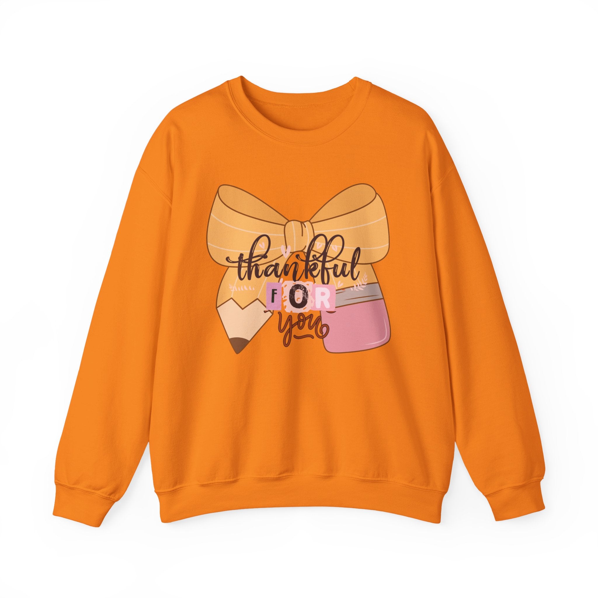 Crewneck Sweatshirt — "Thankful For You" Bow & Pencil Cozy Teacher Gift