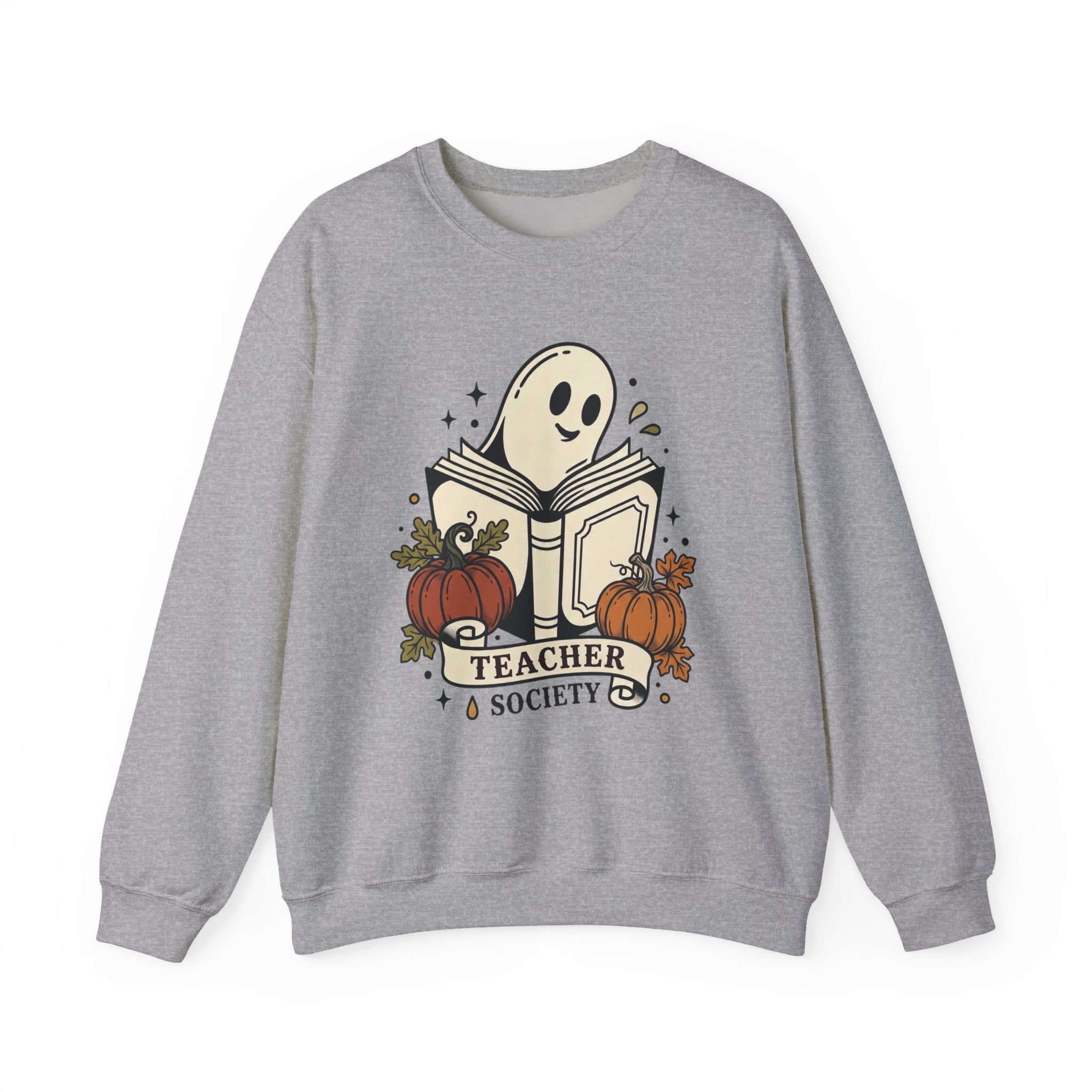 Teacher Society Ghost Book Sweatshirt | Traditional Tattoo-Inspired, Pumpkin Floral Banner