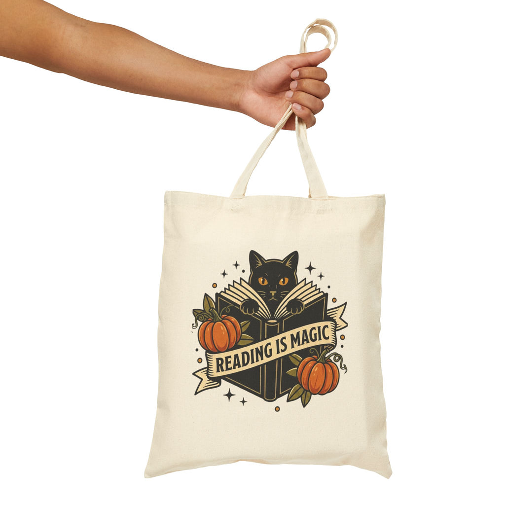 Reading Is Magic Tote, Traditional Tattoo-Inspired, Cat & Pumpkin Flash Art