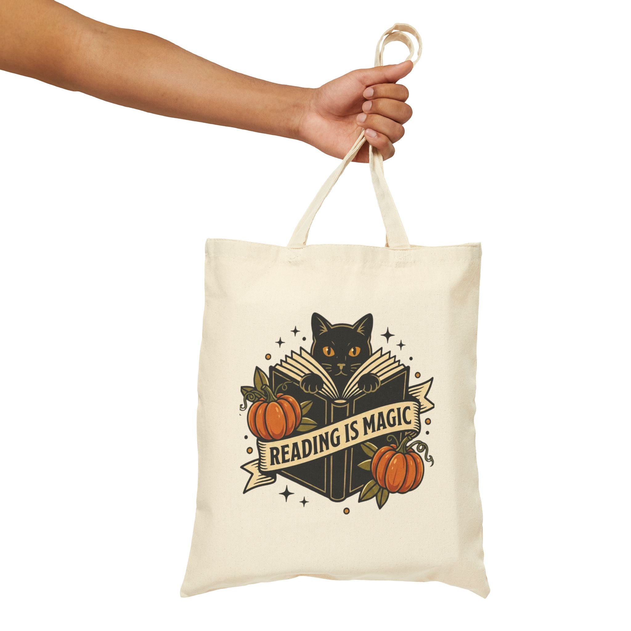 Reading Is Magic Tote, Traditional Tattoo-Inspired, Cat & Pumpkin Flash Art