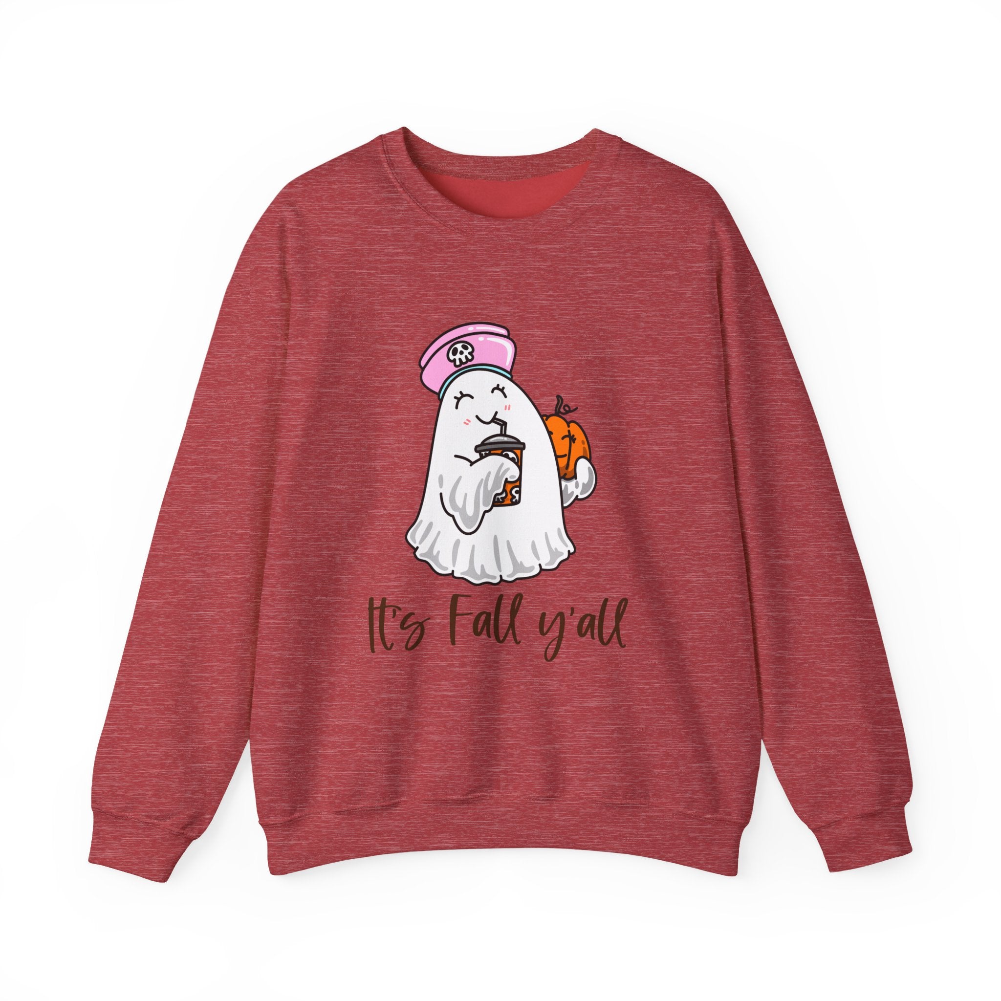 Crewneck Sweatshirt — Cute Ghost Holding Pumpkin with 'It's Fall y'all' — Cozy Autumn Pullover