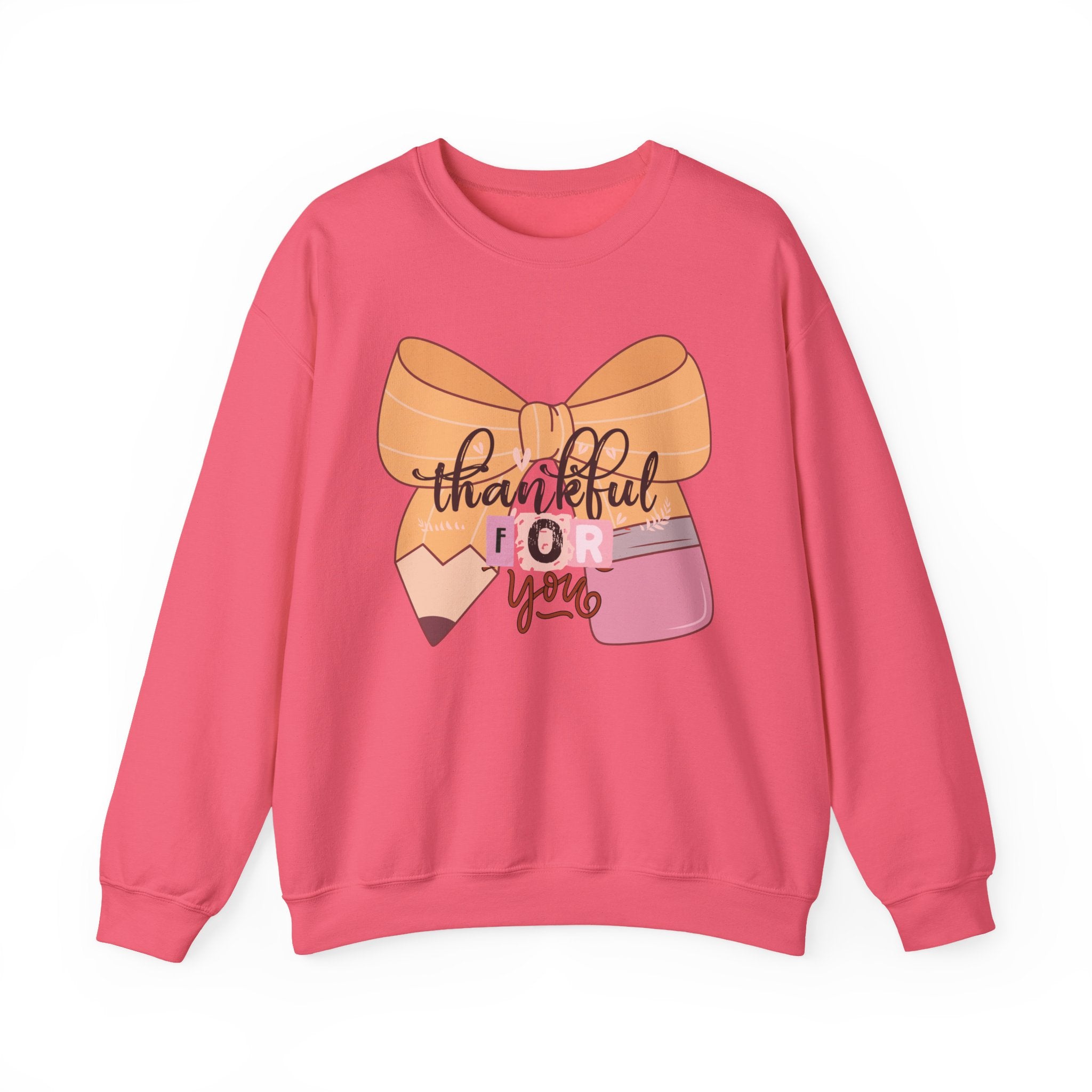 Crewneck Sweatshirt — "Thankful For You" Bow & Pencil Cozy Teacher Gift