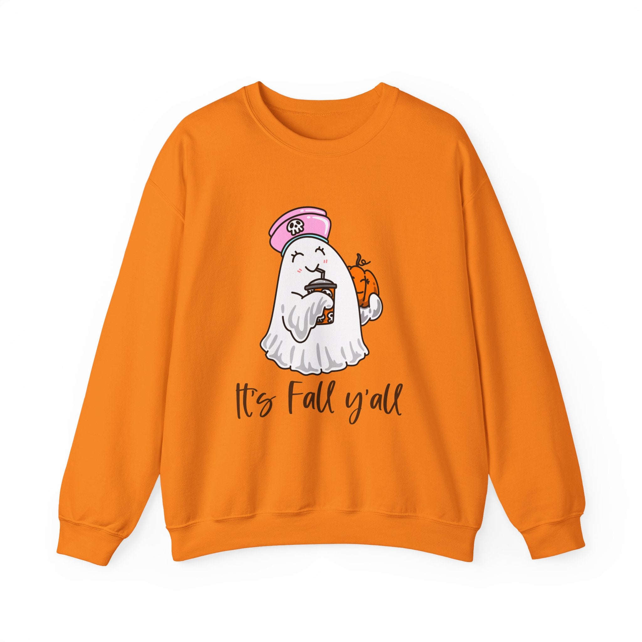 Crewneck Sweatshirt — Cute Ghost Holding Pumpkin with 'It's Fall y'all' — Cozy Autumn Pullover