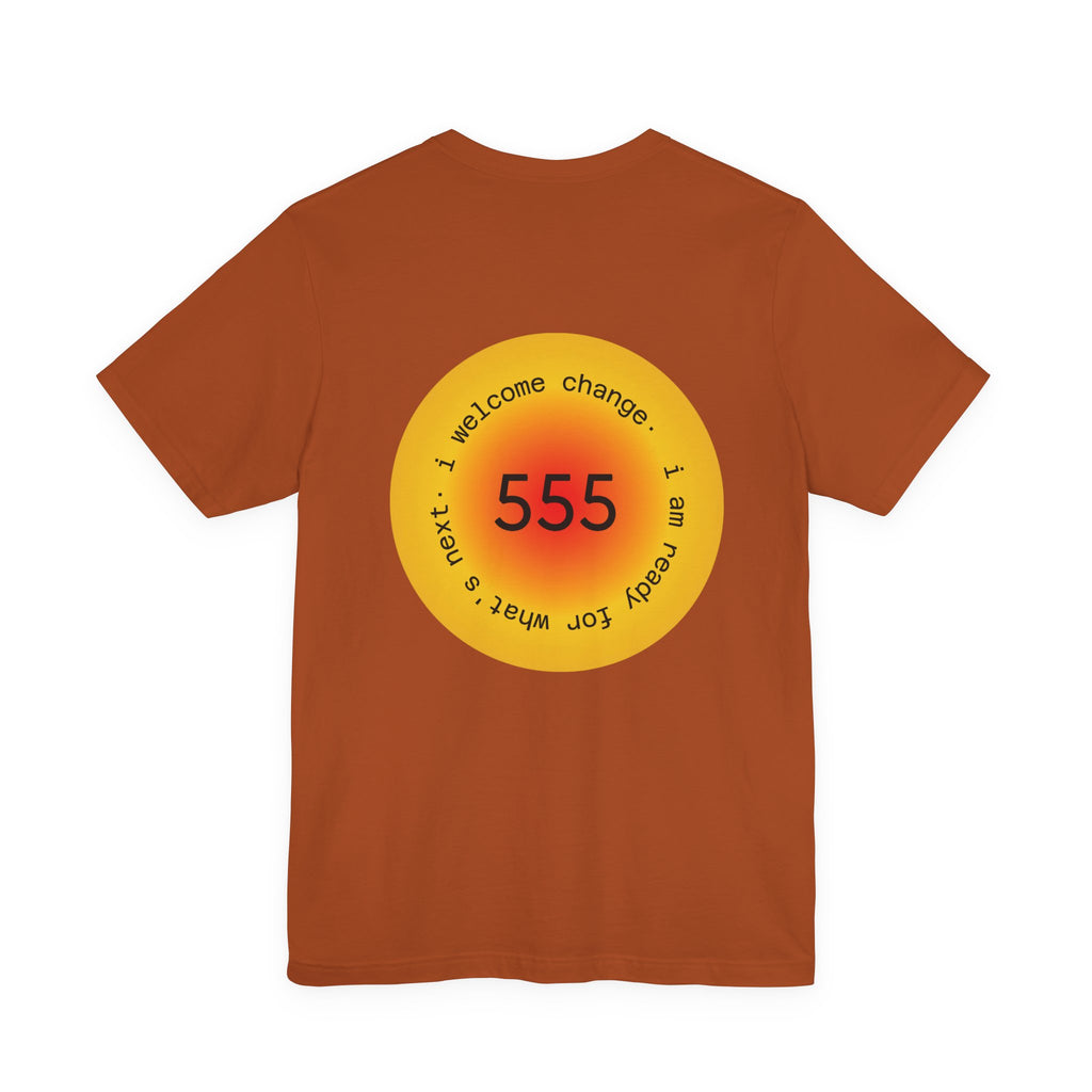 555 Angel Number T‑Shirt — Spiritual Numerology Tee with ‘I welcome change’ Design