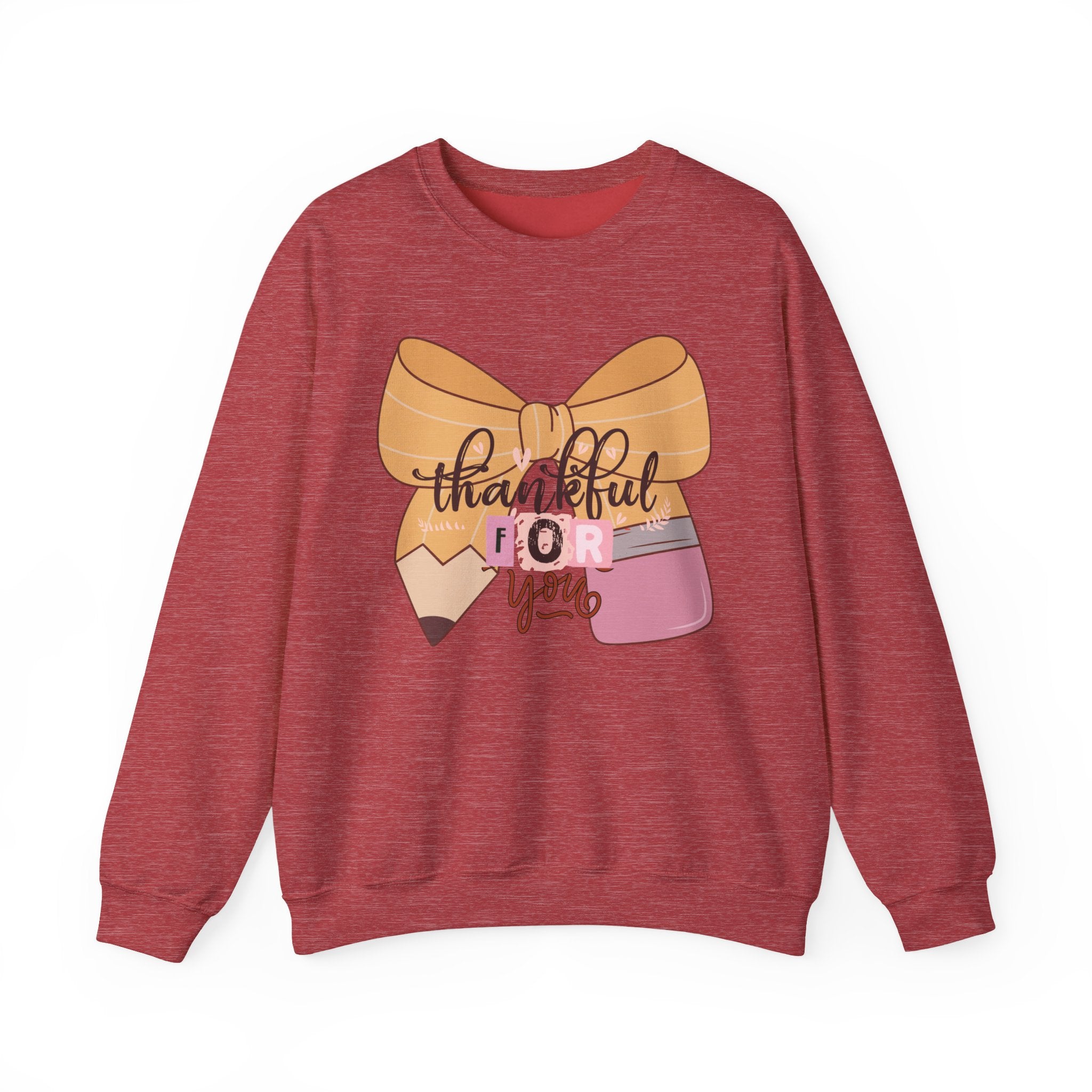 Crewneck Sweatshirt — "Thankful For You" Bow & Pencil Cozy Teacher Gift