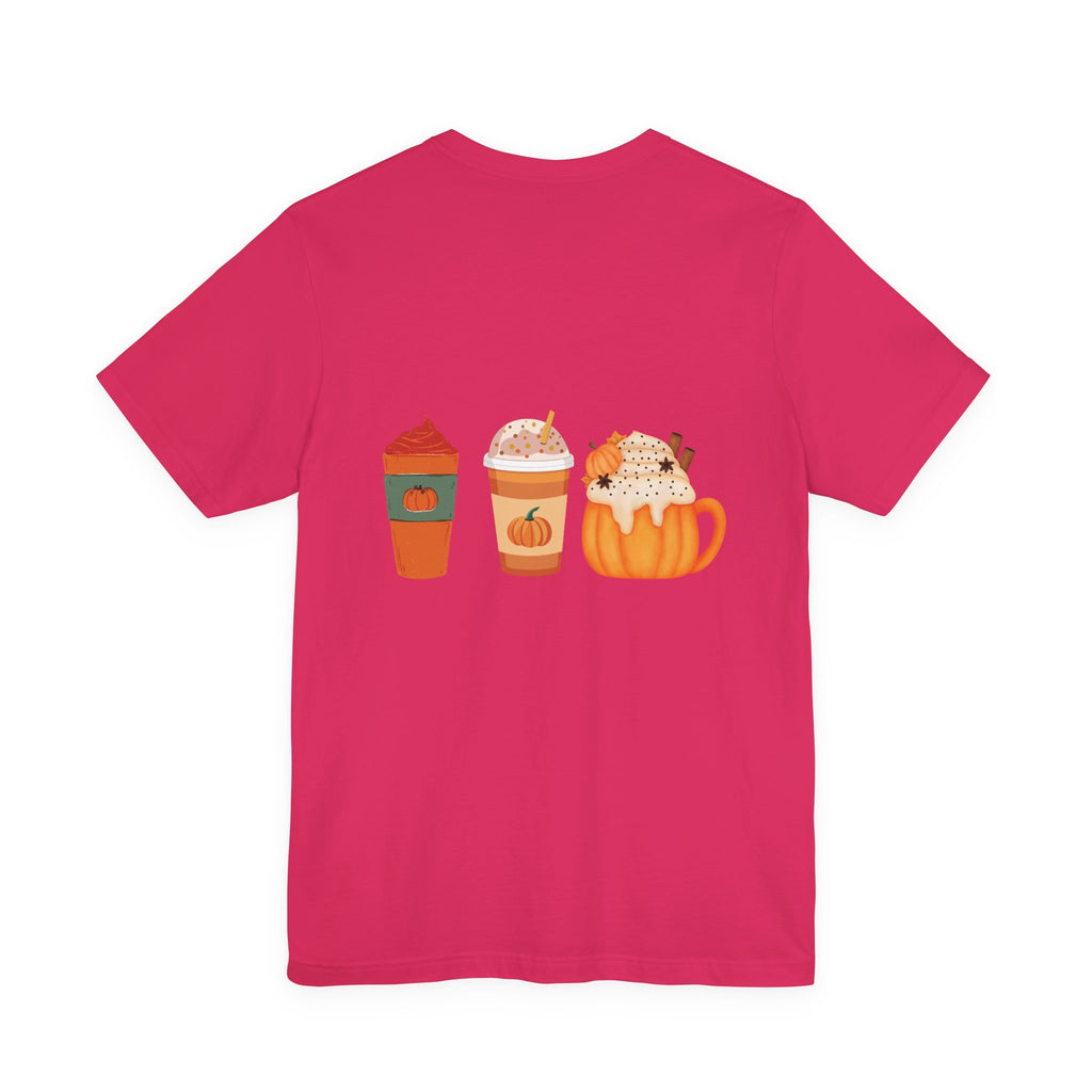 Pumpkin Spice Coffee Tee — Fall Coffee Lovers T-Shirt (Front Pumpkin Badge, Back Pumpkin Lattes)