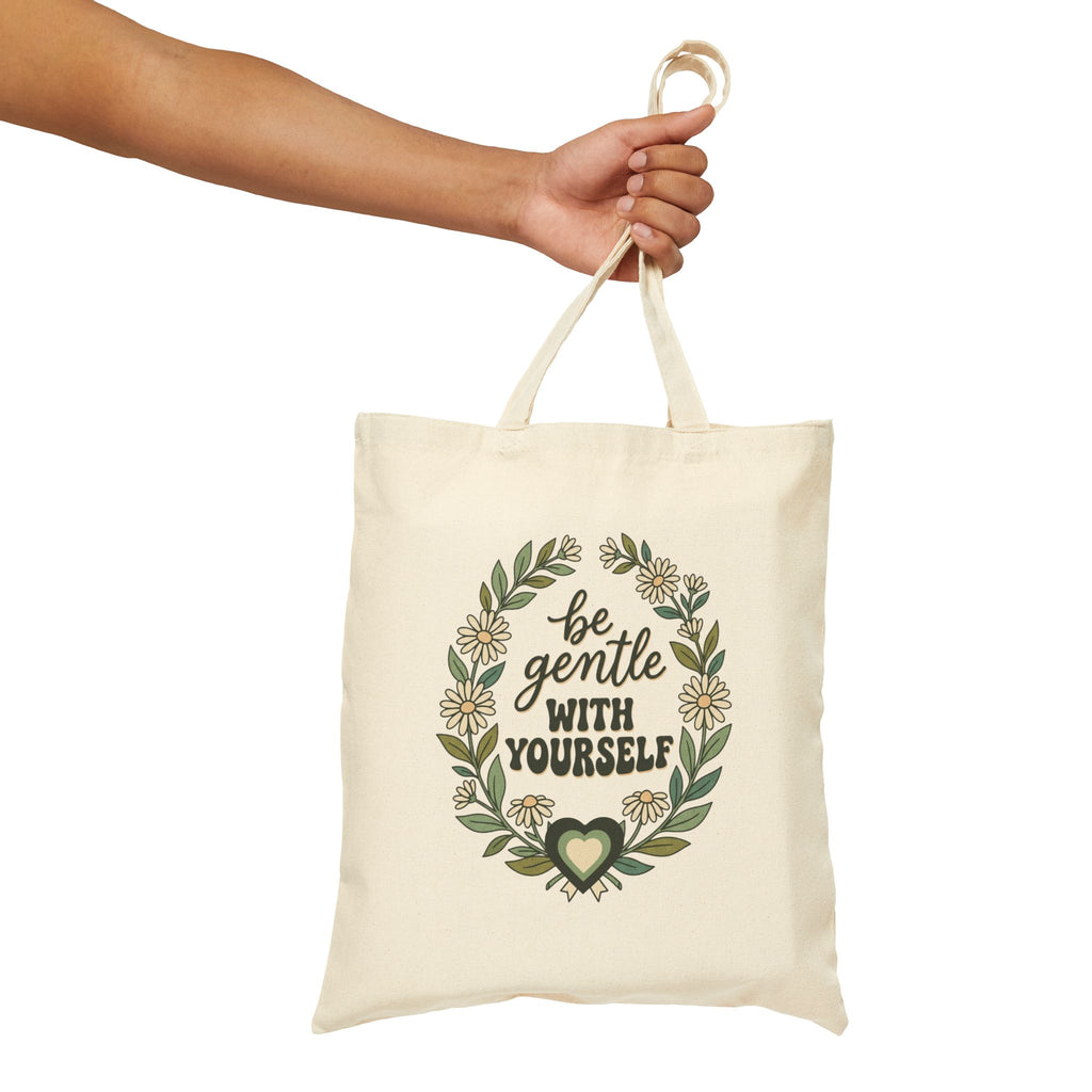 Be Gentle With Yourself Tote, Mental Health Awareness, Floral Wreath Green