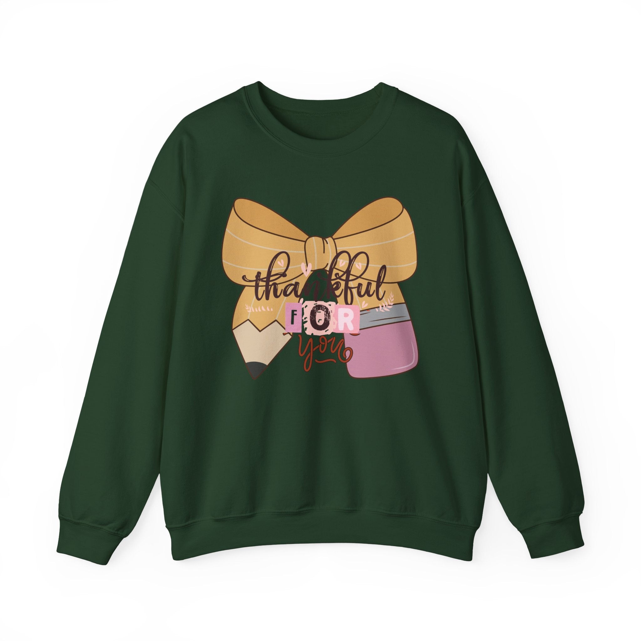 Crewneck Sweatshirt — "Thankful For You" Bow & Pencil Cozy Teacher Gift