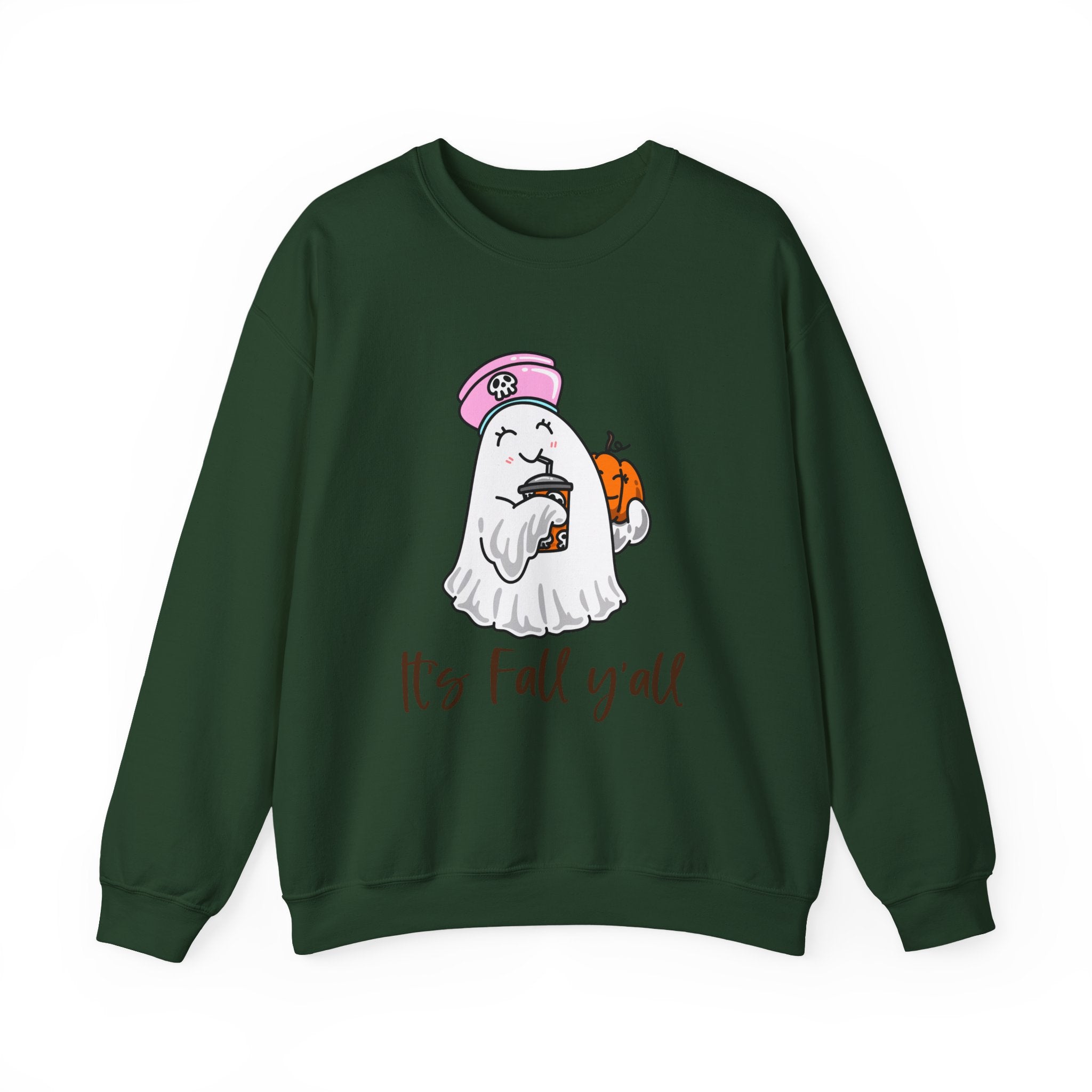 Crewneck Sweatshirt — Cute Ghost Holding Pumpkin with 'It's Fall y'all' — Cozy Autumn Pullover