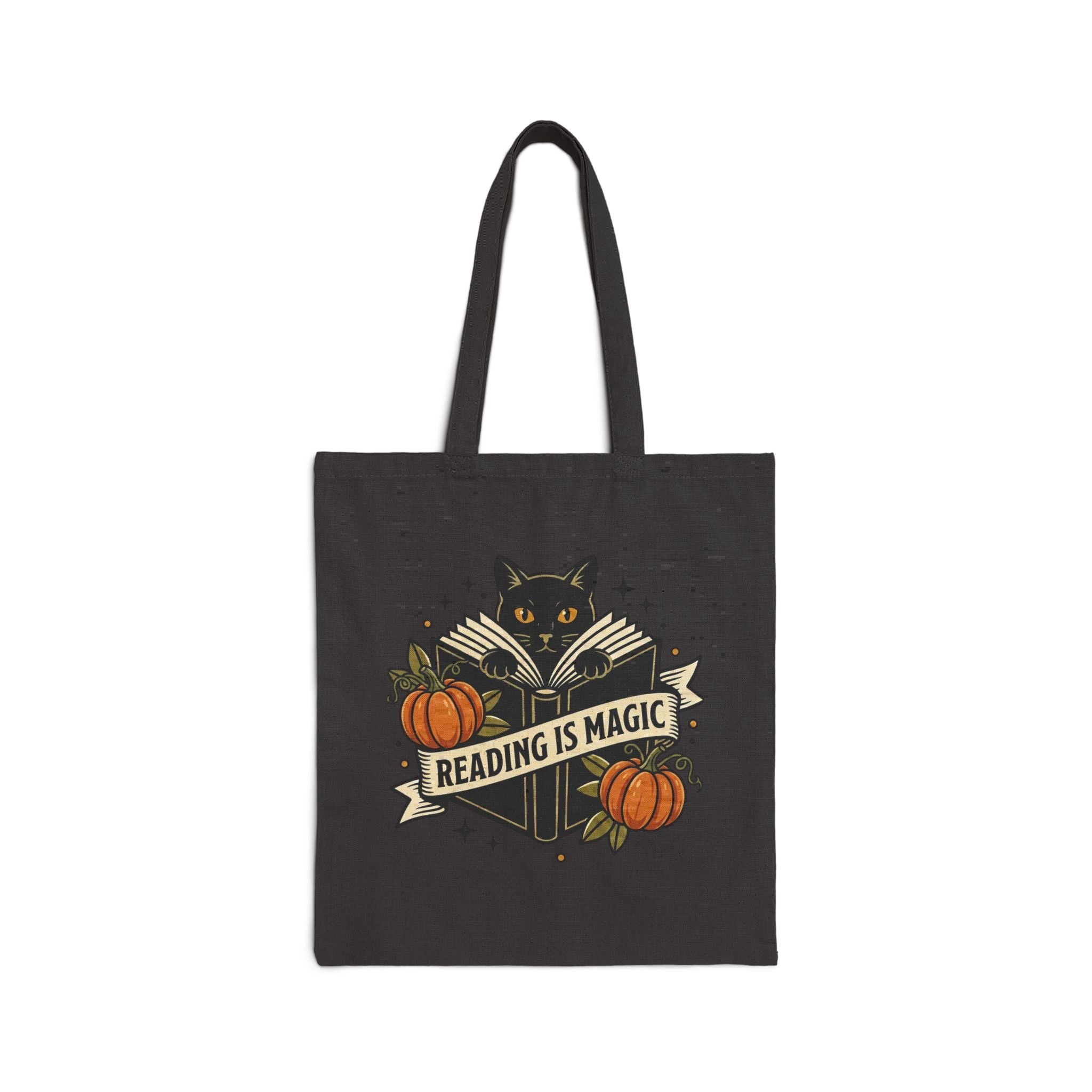 Reading Is Magic Tote, Traditional Tattoo-Inspired, Cat & Pumpkin Flash Art