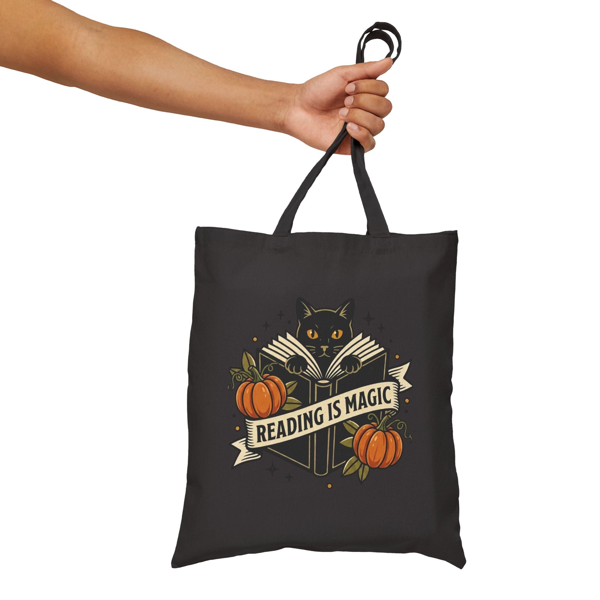 Reading Is Magic Tote, Traditional Tattoo-Inspired, Cat & Pumpkin Flash Art