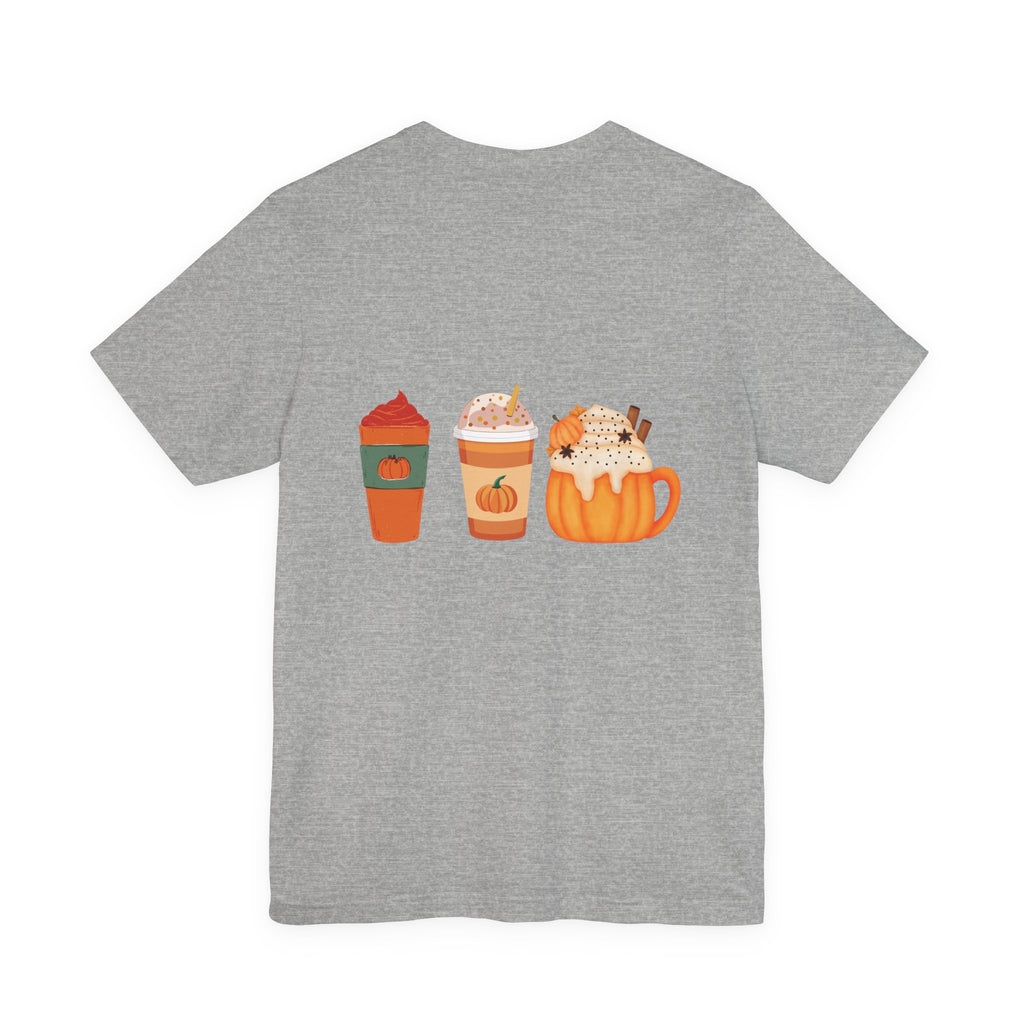 Pumpkin Spice Coffee Tee — Fall Coffee Lovers T-Shirt (Front Pumpkin Badge, Back Pumpkin Lattes)