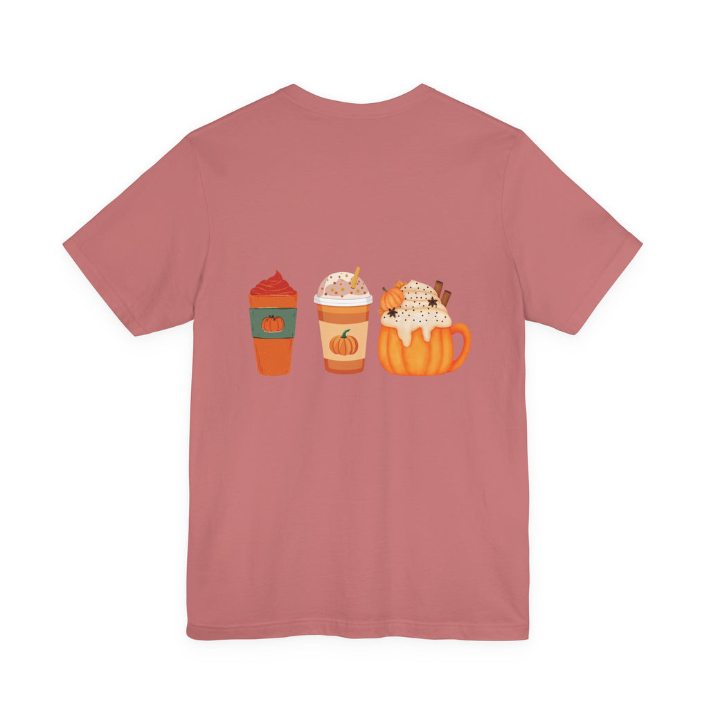 Pumpkin Spice Coffee Tee — Fall Coffee Lovers T-Shirt (Front Pumpkin Badge, Back Pumpkin Lattes)