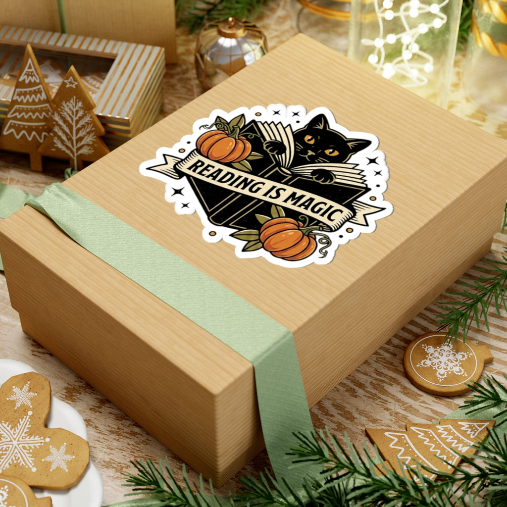 Reading Is Magic Sticker | Traditional Tattoo Cat, Pumpkin, Banner