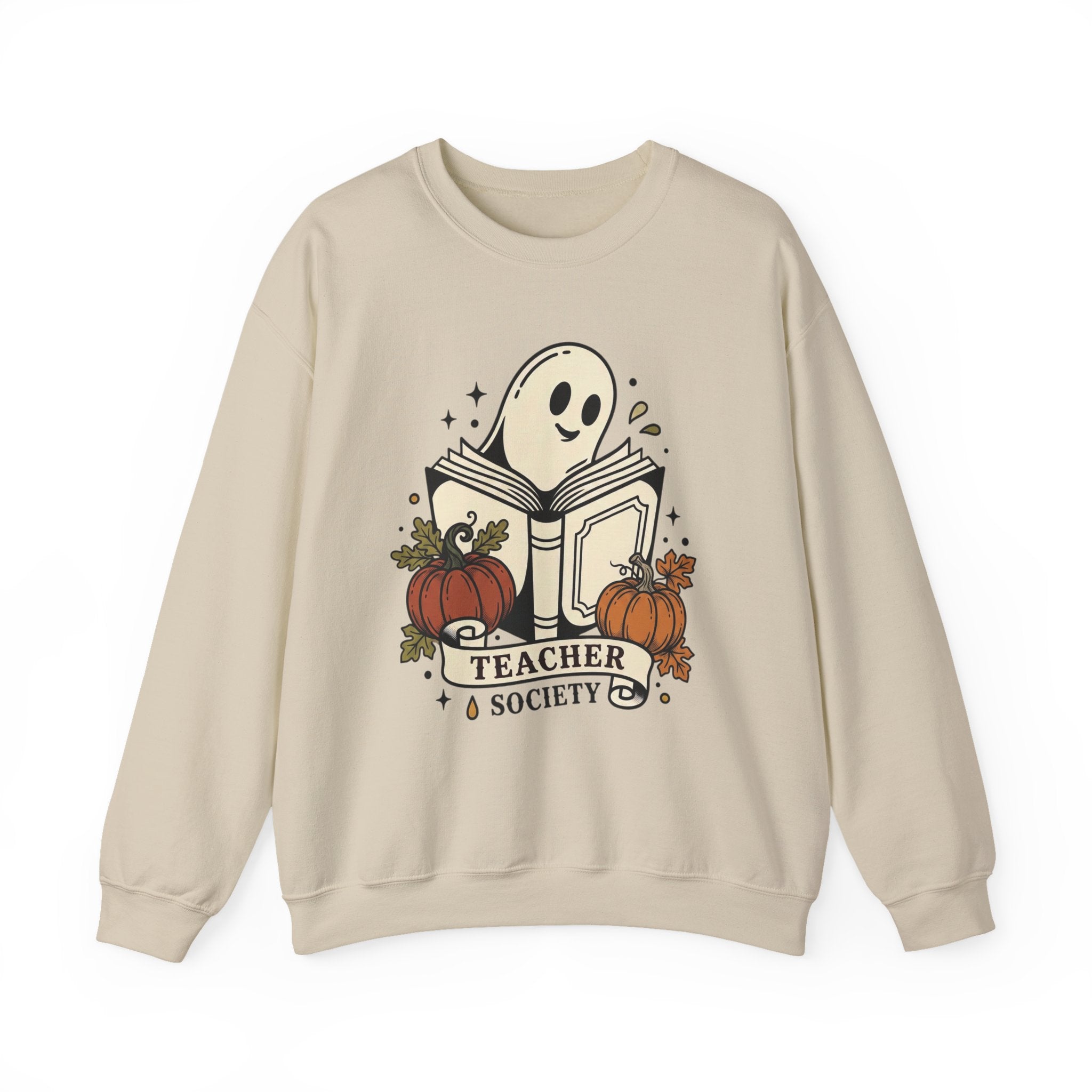 Teacher Society Ghost Book Sweatshirt | Traditional Tattoo-Inspired, Pumpkin Floral Banner