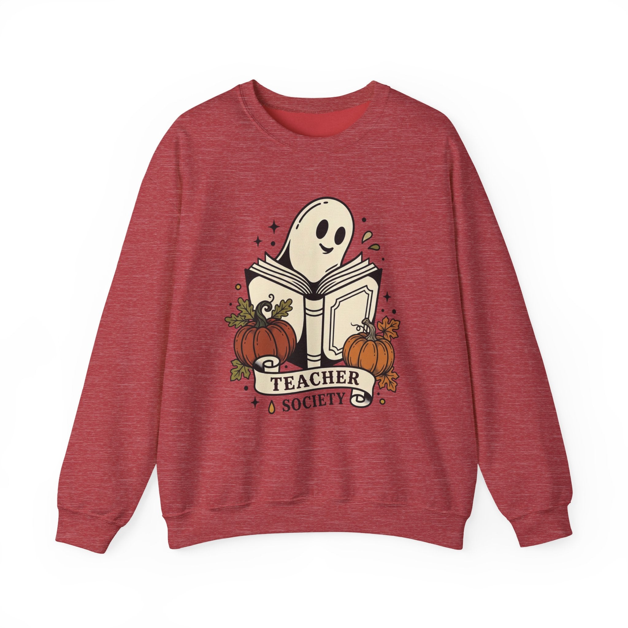 Teacher Society Ghost Book Sweatshirt | Traditional Tattoo-Inspired, Pumpkin Floral Banner