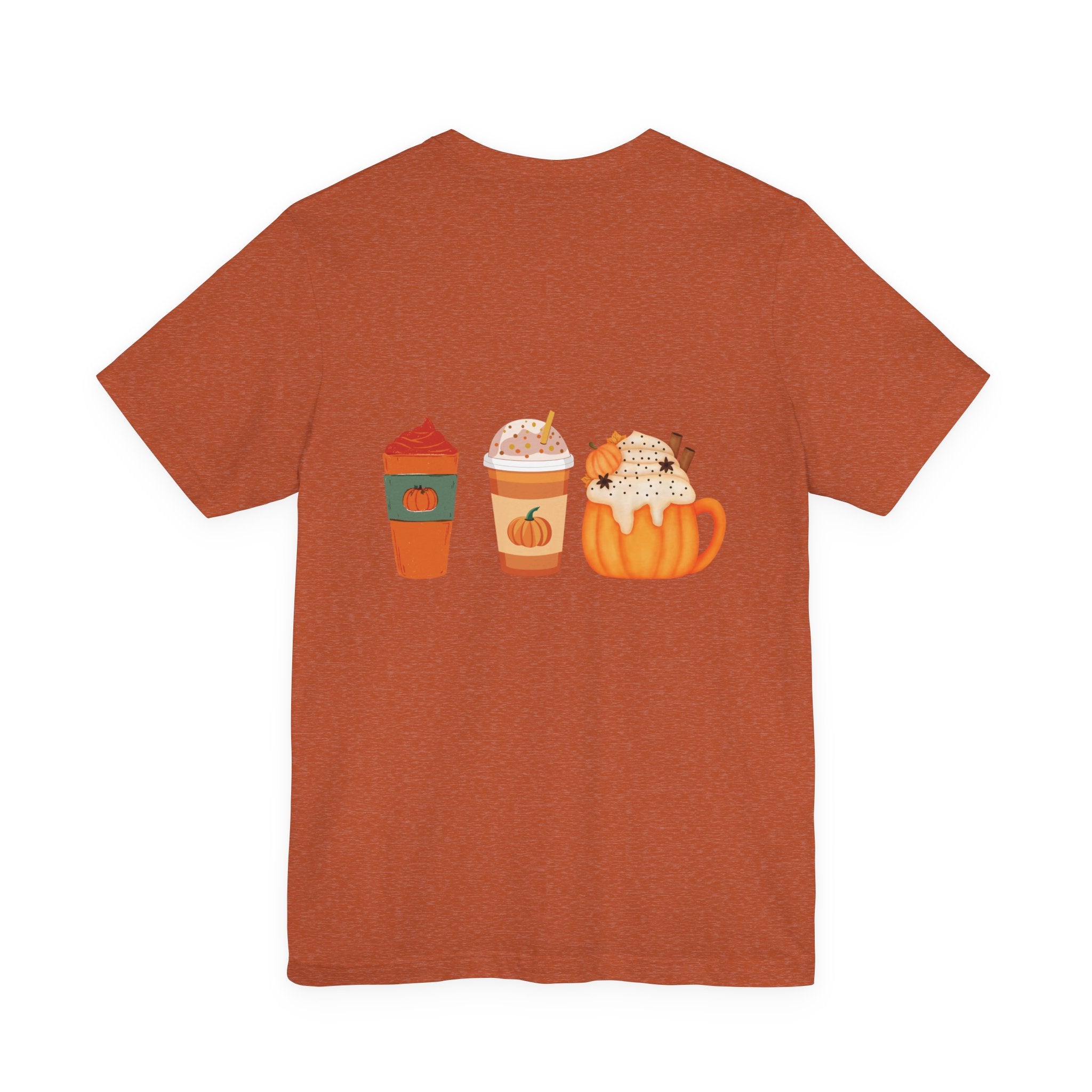 Pumpkin Spice Coffee Tee — Fall Coffee Lovers T-Shirt (Front Pumpkin Badge, Back Pumpkin Lattes)