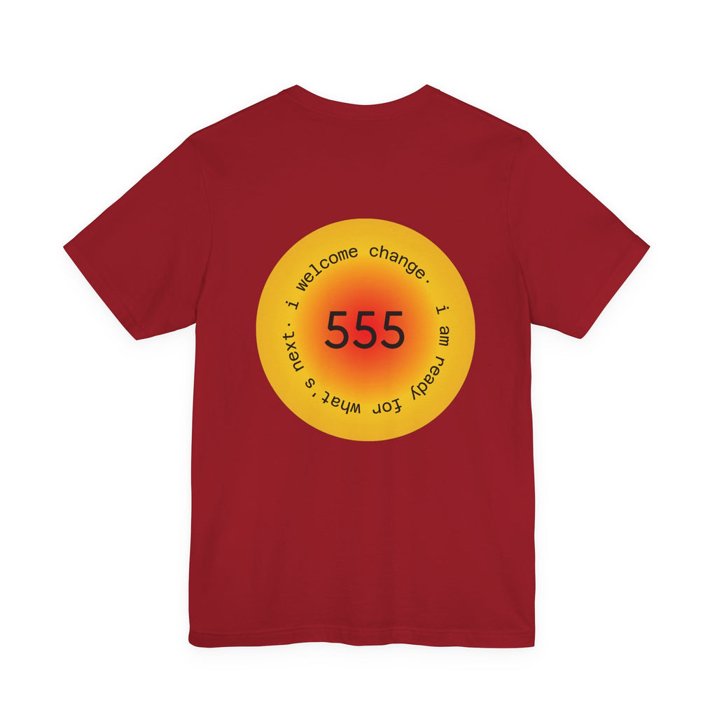 555 Angel Number T‑Shirt — Spiritual Numerology Tee with ‘I welcome change’ Design