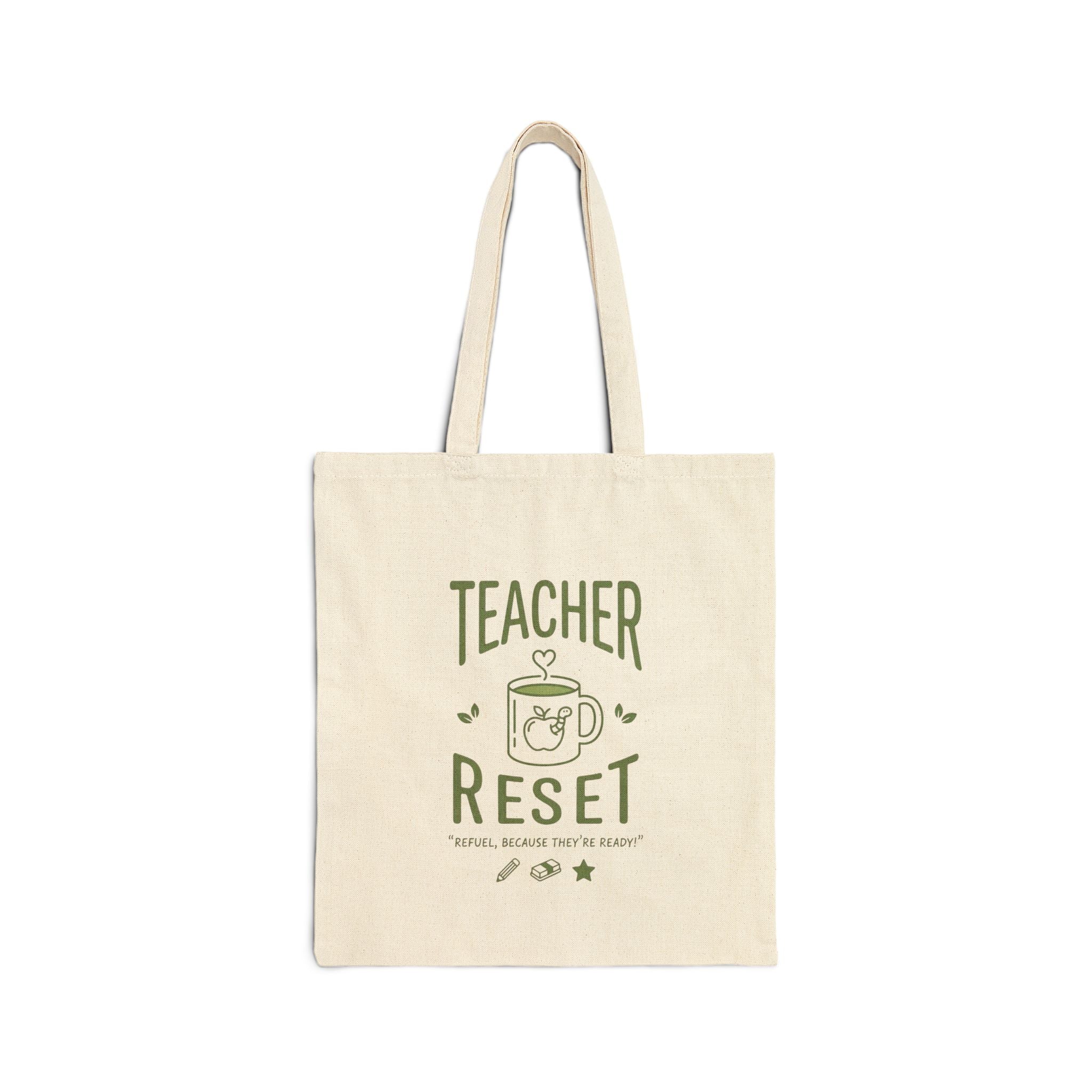 Teacher Reset Canvas Tote Bag — Funny Teacher Gift Tote with Coffee Mug Design