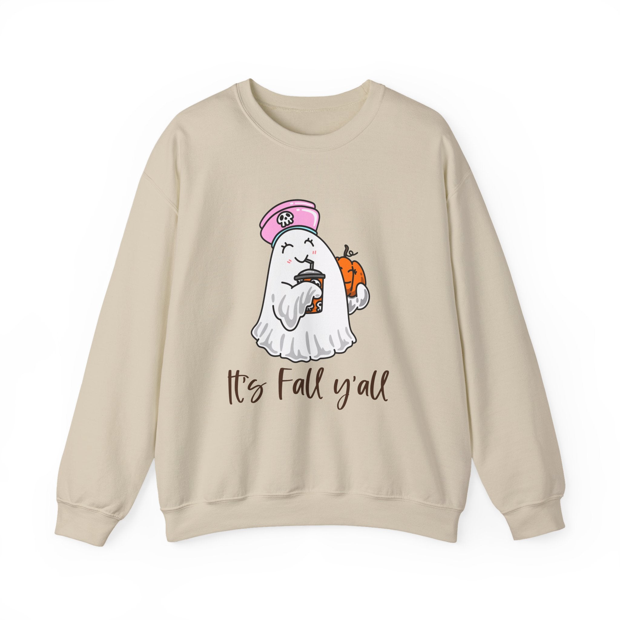 Crewneck Sweatshirt — Cute Ghost Holding Pumpkin with 'It's Fall y'all' — Cozy Autumn Pullover