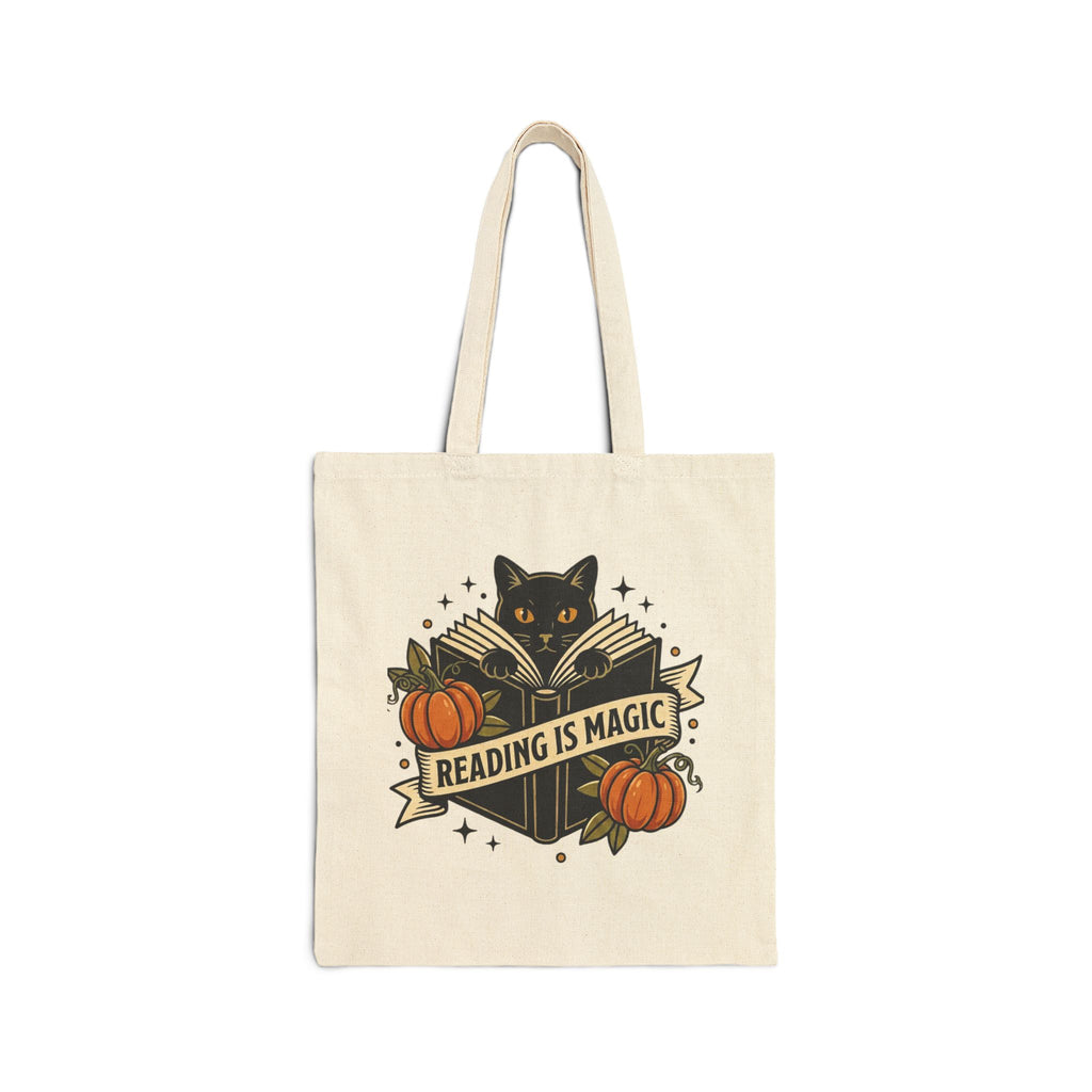 Reading Is Magic Tote, Traditional Tattoo-Inspired, Cat & Pumpkin Flash Art