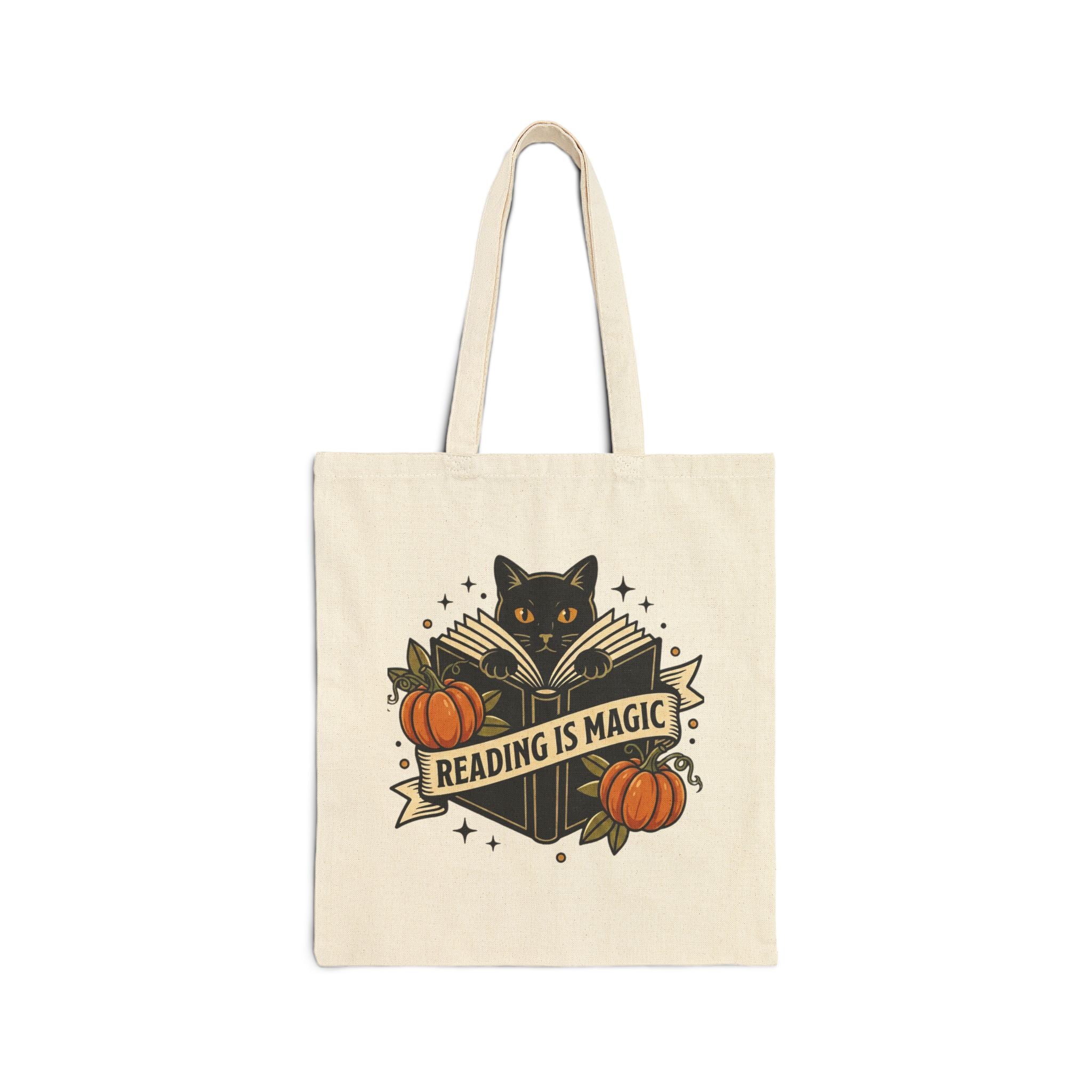 Reading Is Magic Tote, Traditional Tattoo-Inspired, Cat & Pumpkin Flash Art