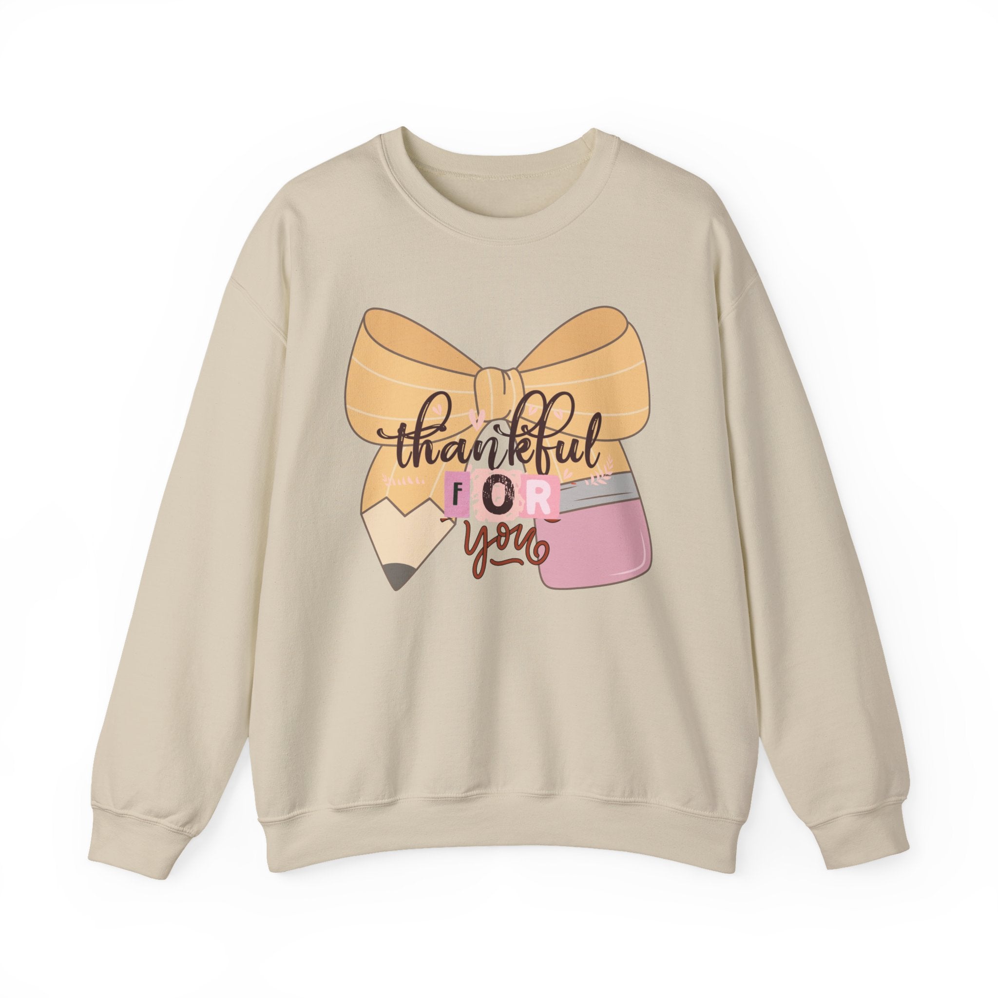 Crewneck Sweatshirt — "Thankful For You" Bow & Pencil Cozy Teacher Gift