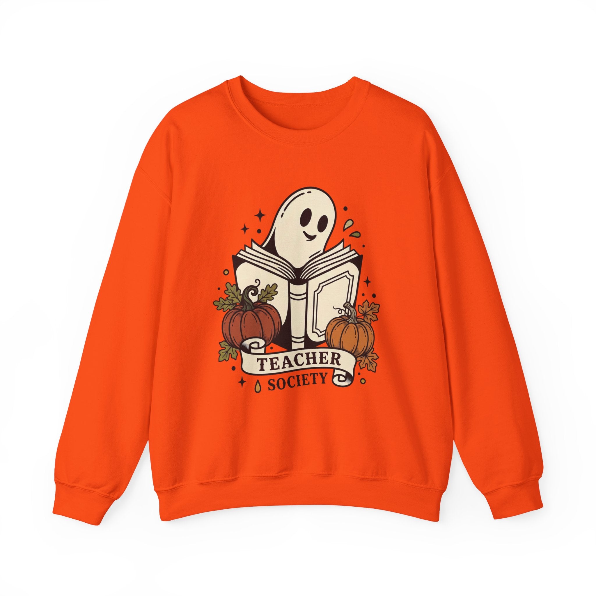 Teacher Society Ghost Book Sweatshirt | Traditional Tattoo-Inspired, Pumpkin Floral Banner