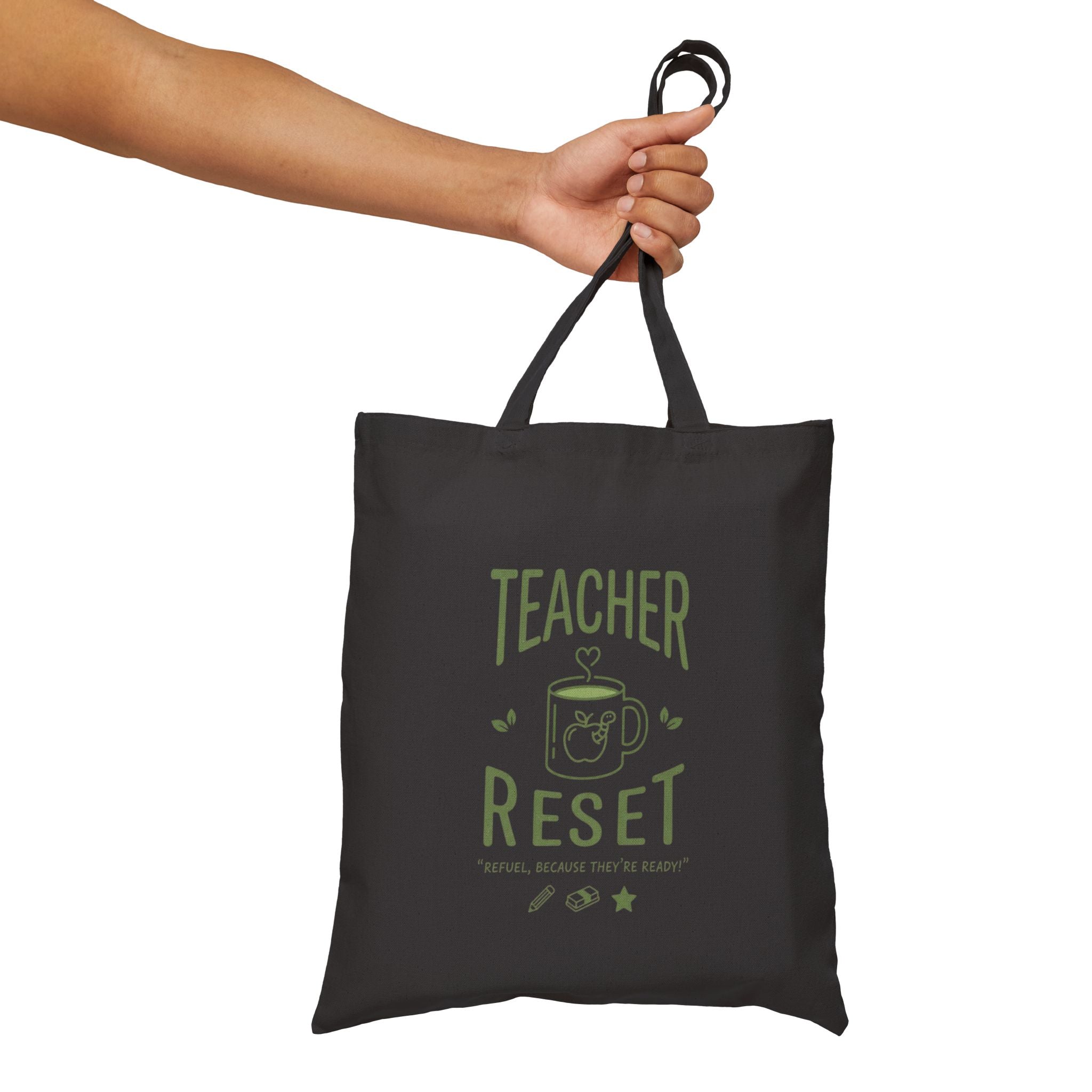 Teacher Reset Canvas Tote Bag — Funny Teacher Gift Tote with Coffee Mug Design