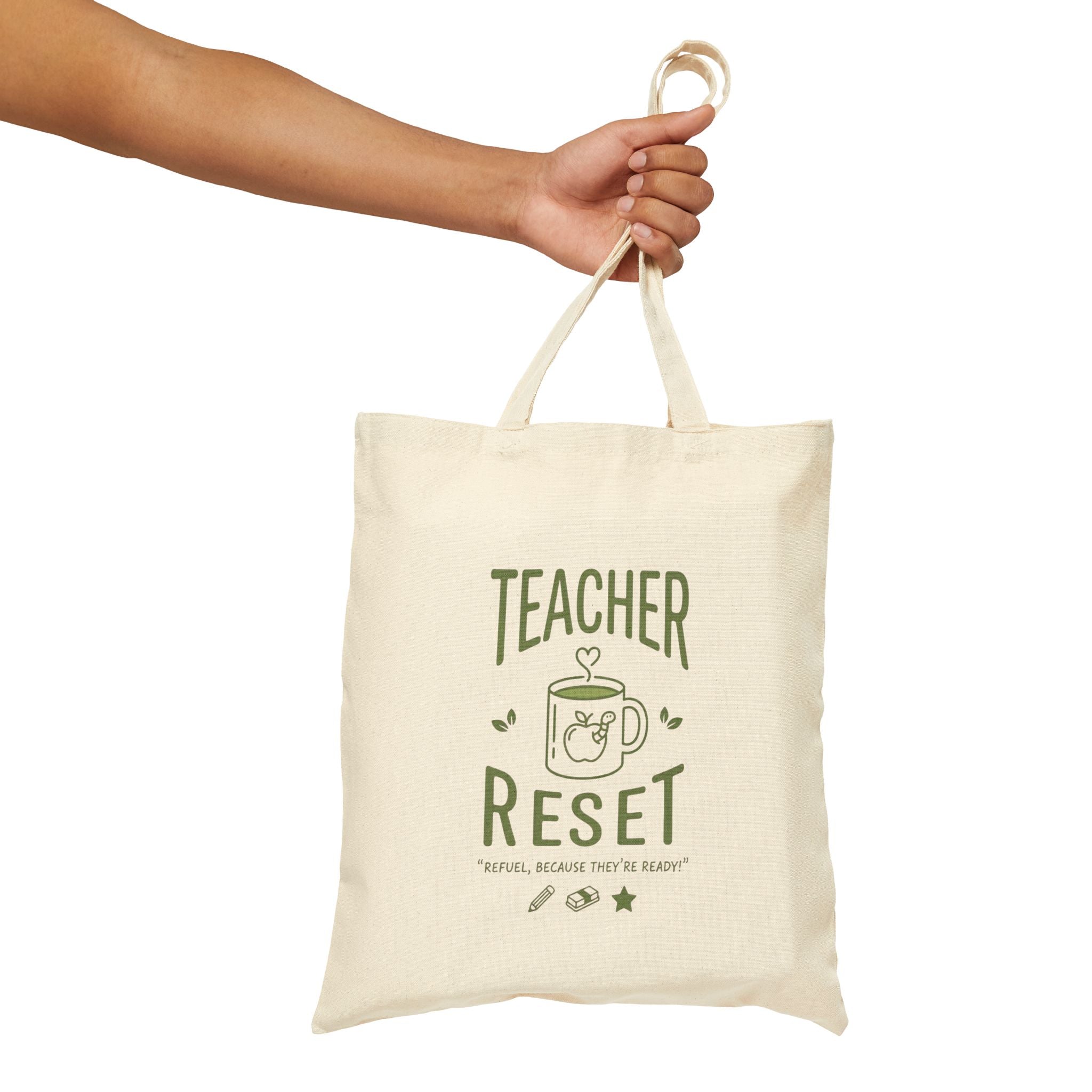 Teacher Reset Canvas Tote Bag — Funny Teacher Gift Tote with Coffee Mug Design