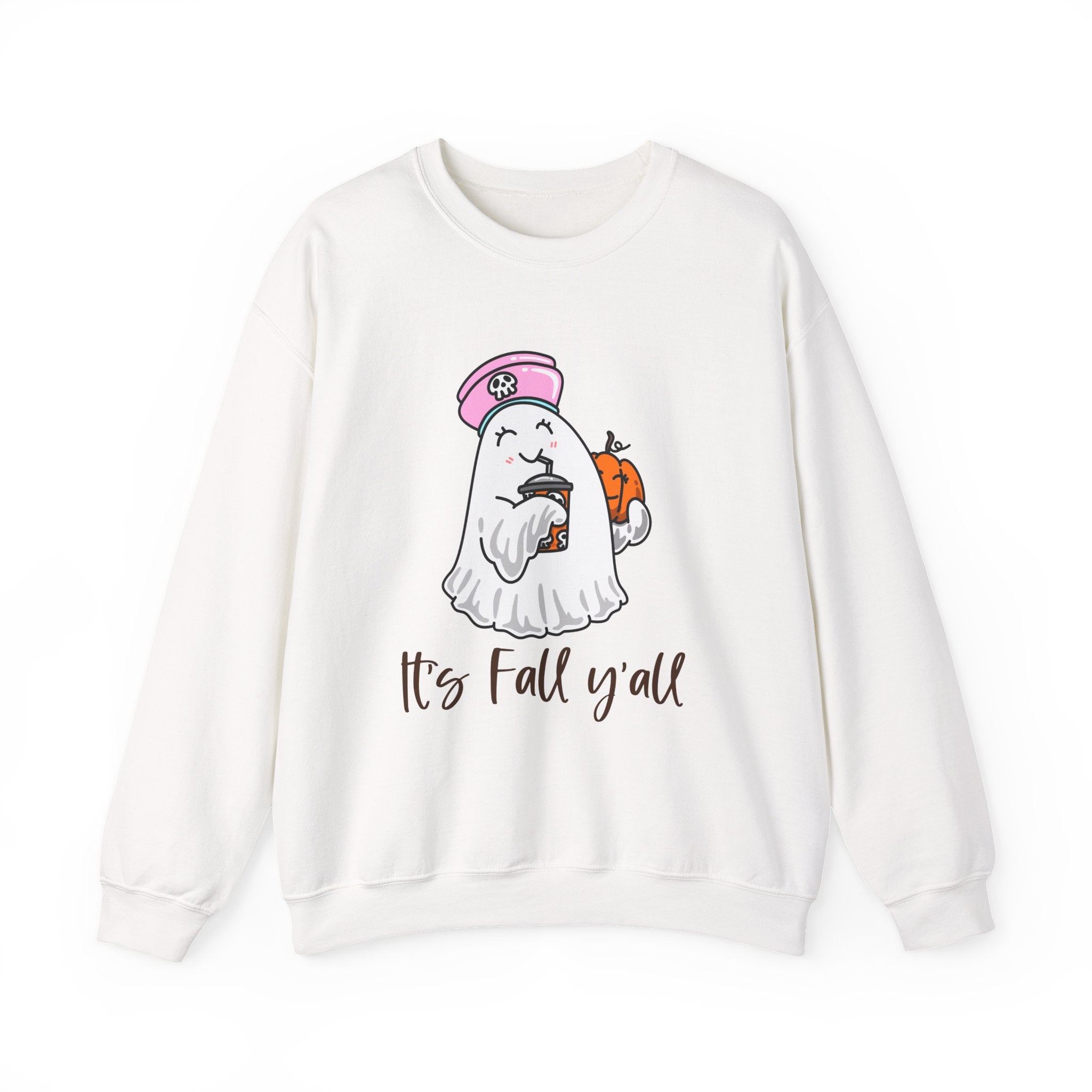 Crewneck Sweatshirt — Cute Ghost Holding Pumpkin with 'It's Fall y'all' — Cozy Autumn Pullover