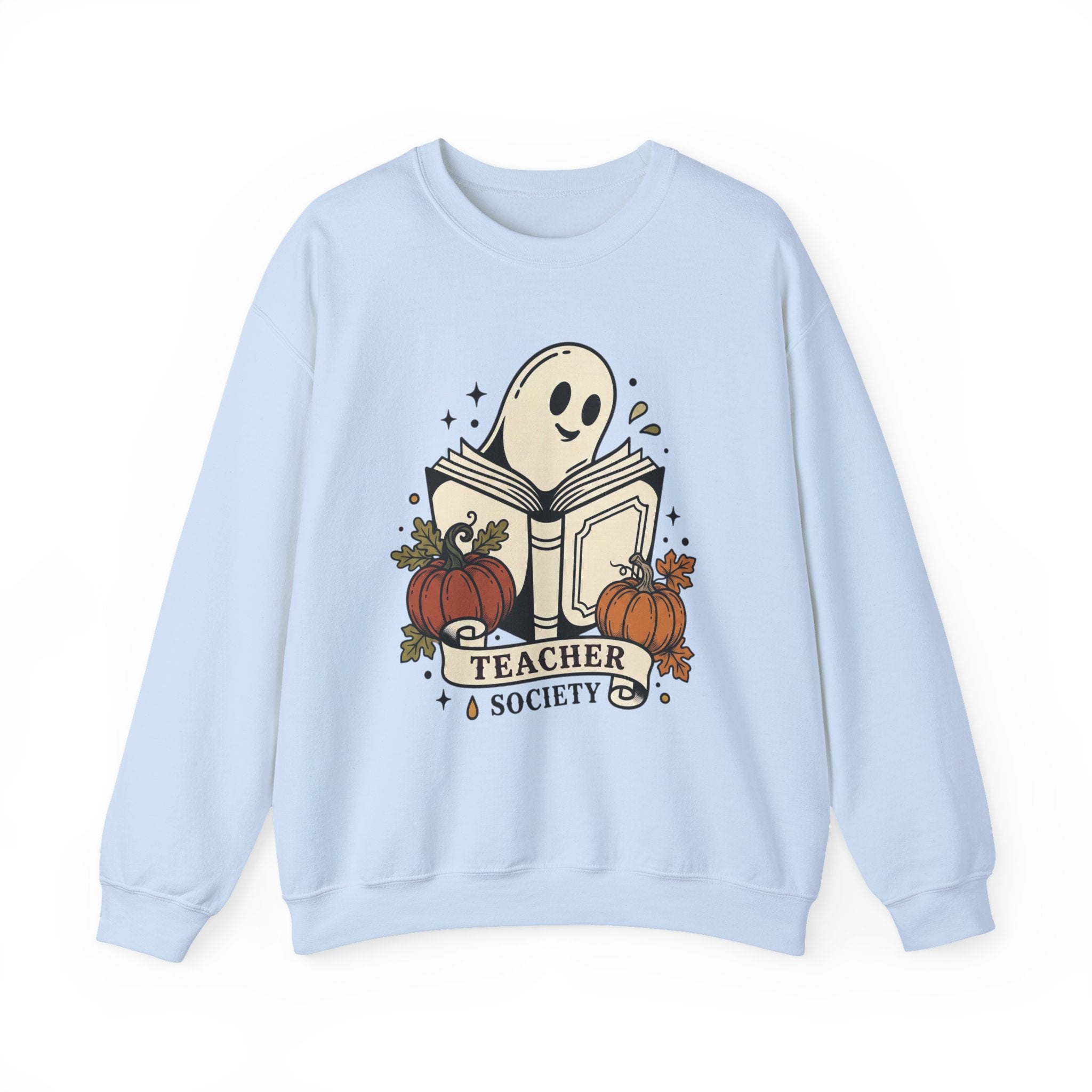 Teacher Society Ghost Book Sweatshirt | Traditional Tattoo-Inspired, Pumpkin Floral Banner