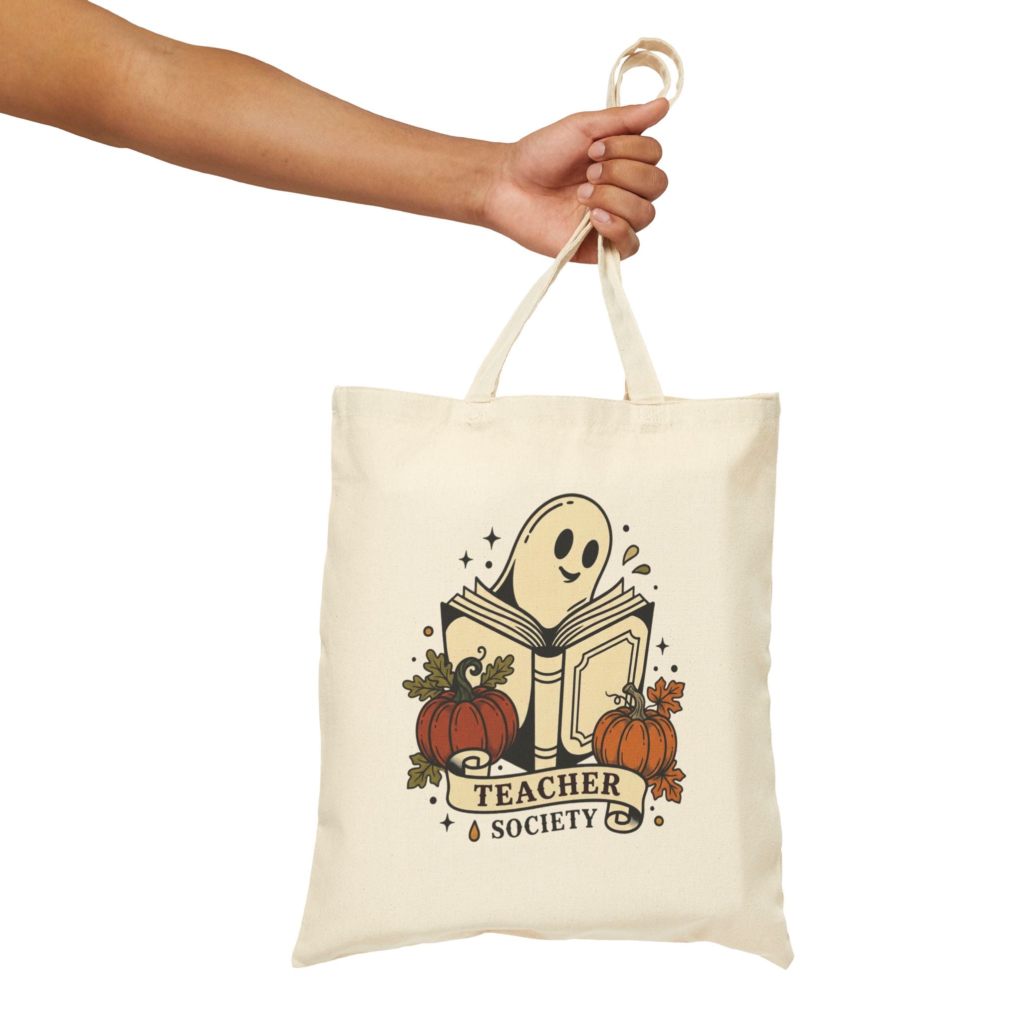 Teacher Ghost Pumpkin Tote | Traditional Tattoo-Inspired, Vintage Flash Floral