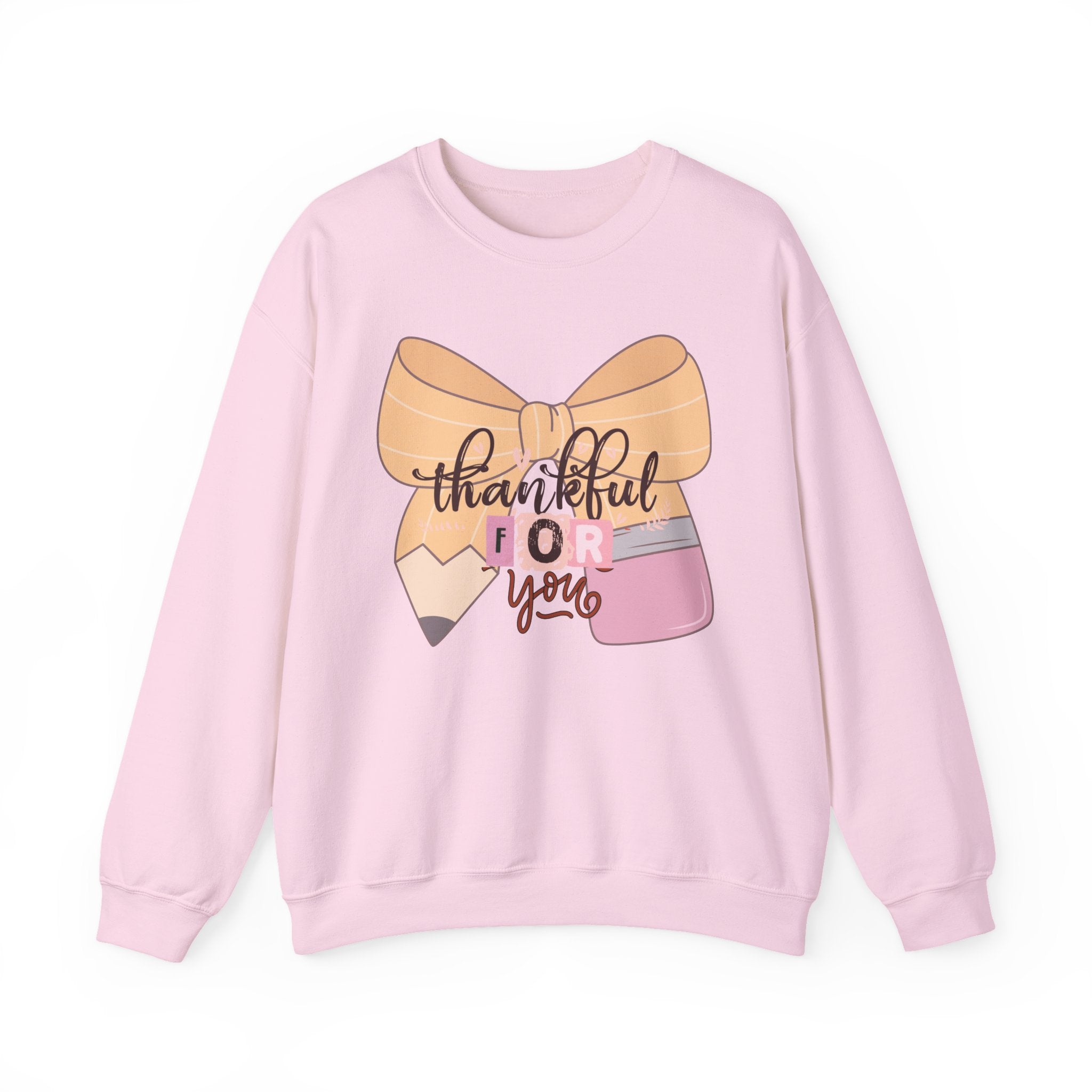 Crewneck Sweatshirt — "Thankful For You" Bow & Pencil Cozy Teacher Gift