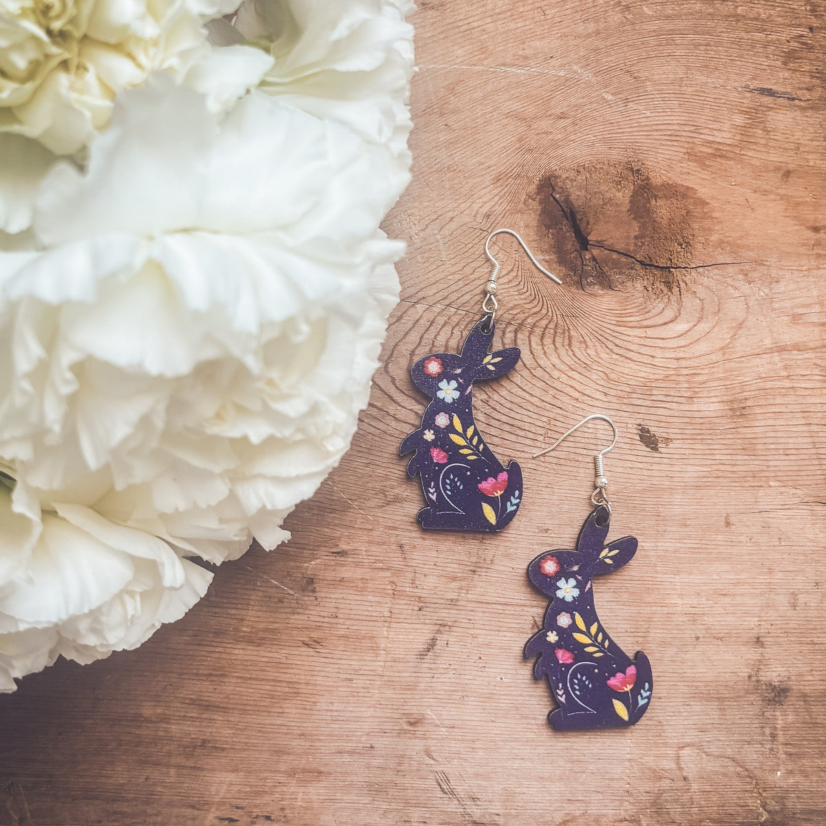 Beautiful Blue Bunny Wood Earrings